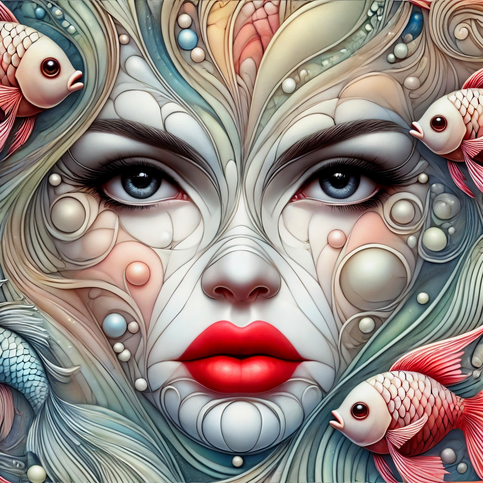 Surreal Artwork of Woman's Face with Fish and Bubbles
