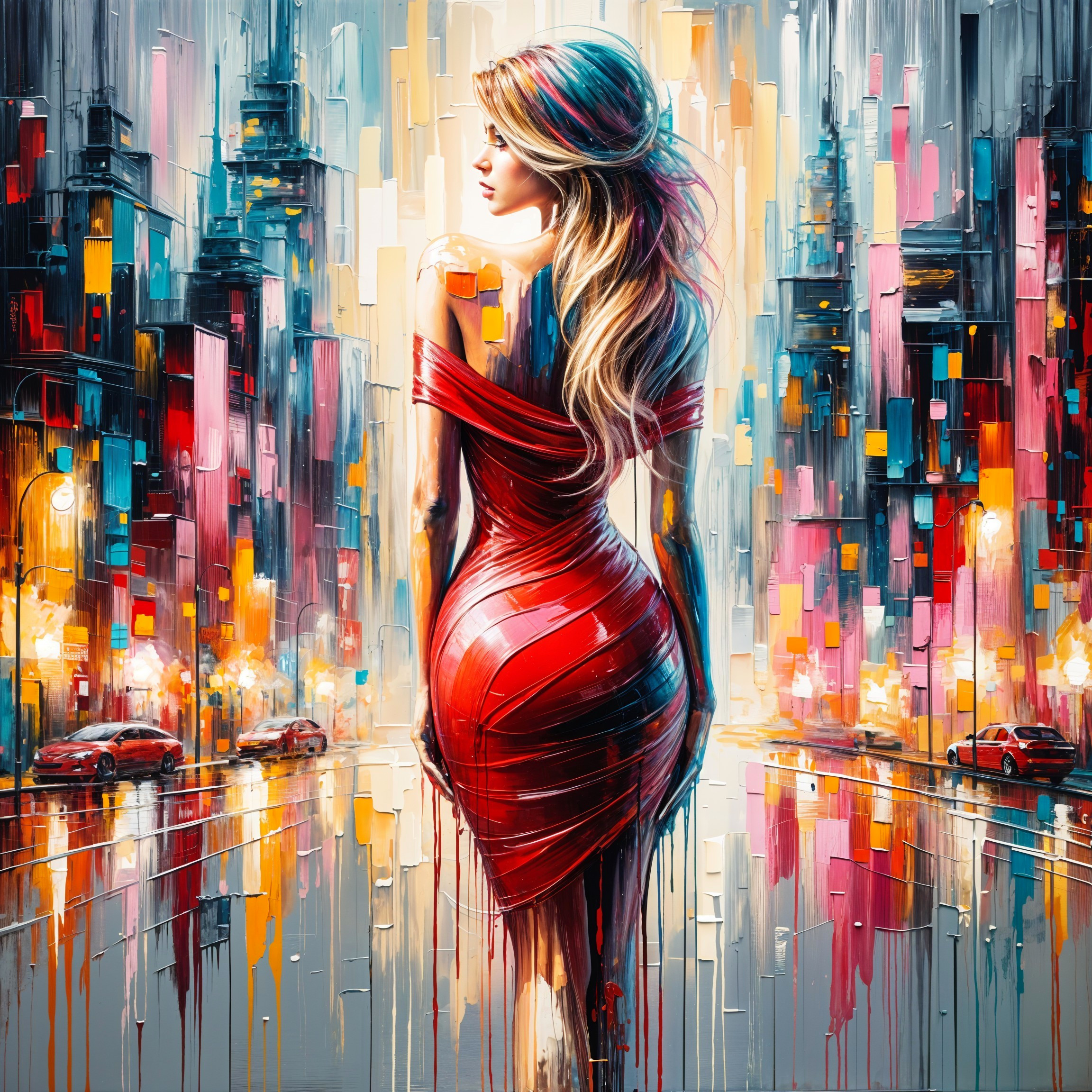 Woman in Red Dress Against Vibrant City Skyline