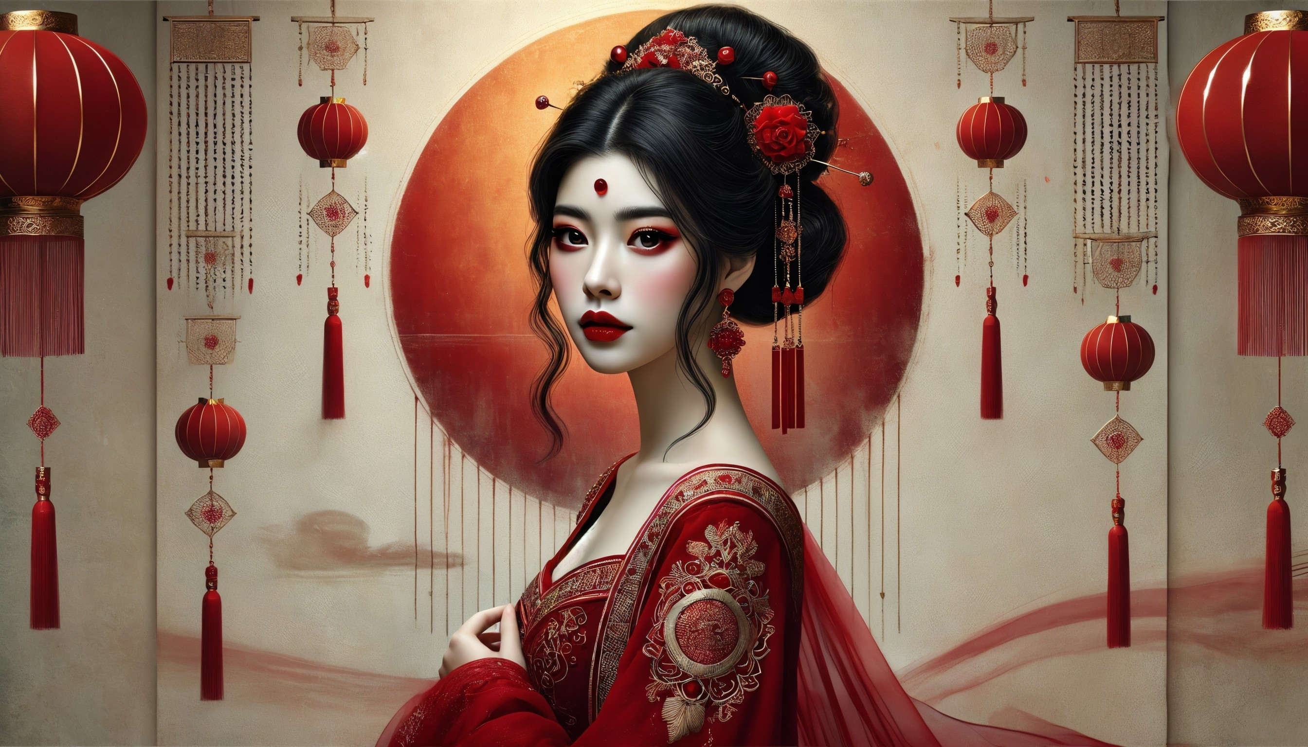 Elegant Woman in Red Gown with Cultural Backdrop