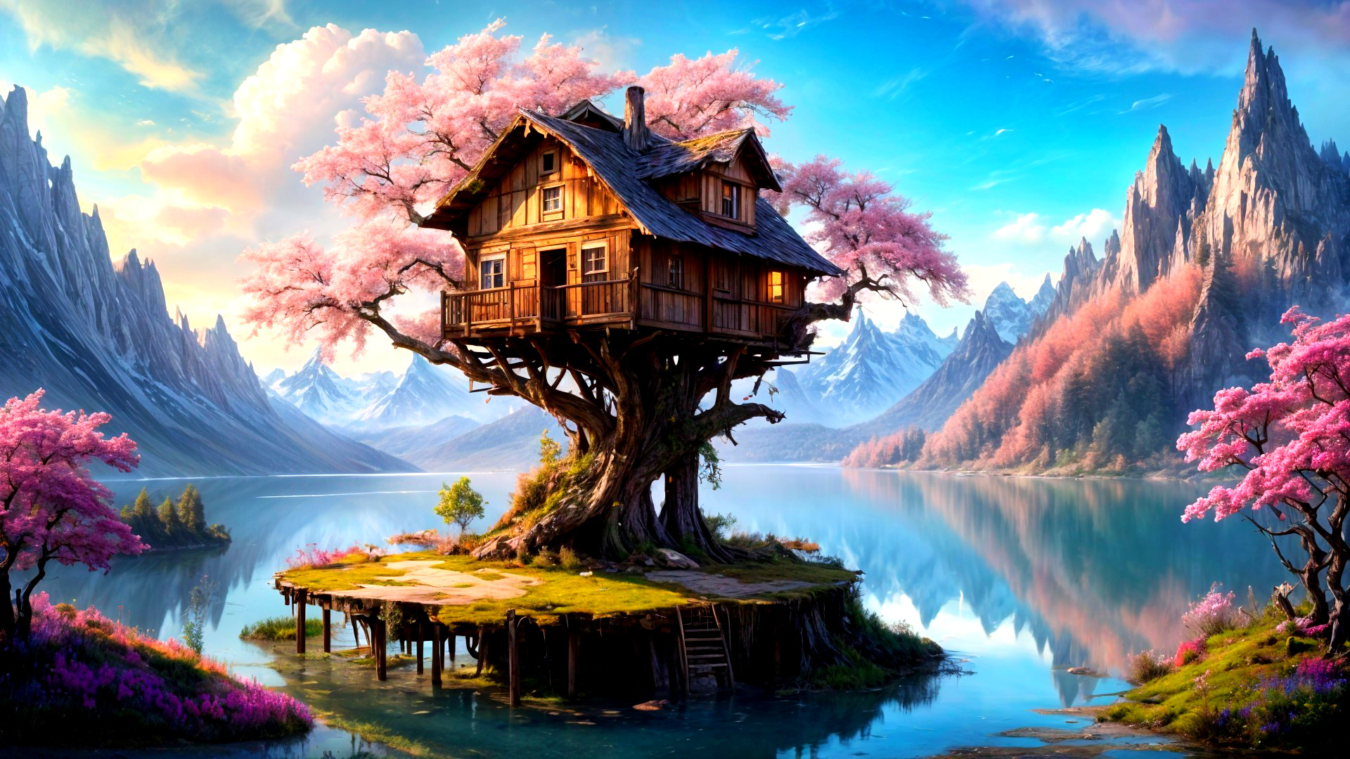 Whimsical treehouse among cherry blossoms by lake