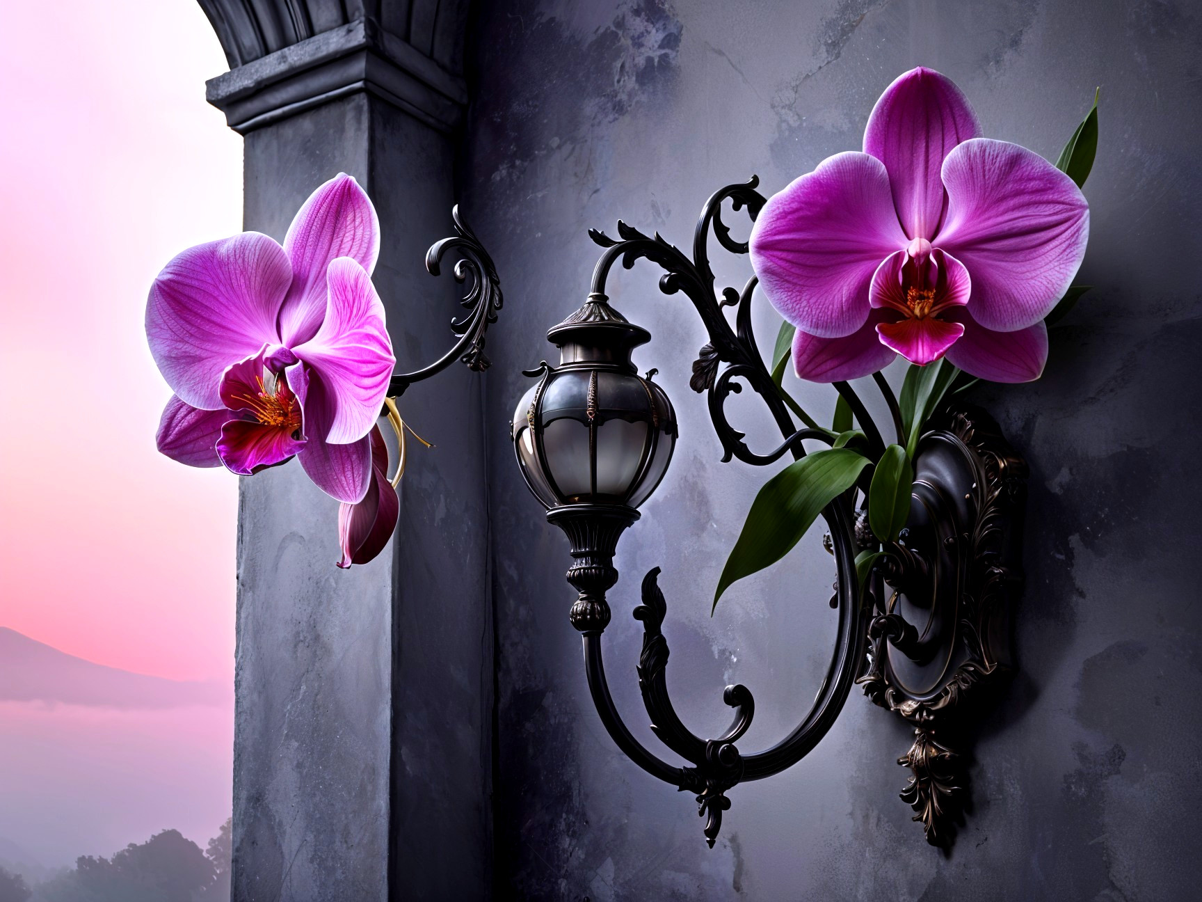 Wall Sconce Featuring Pink Orchids and Wrought Iron Design