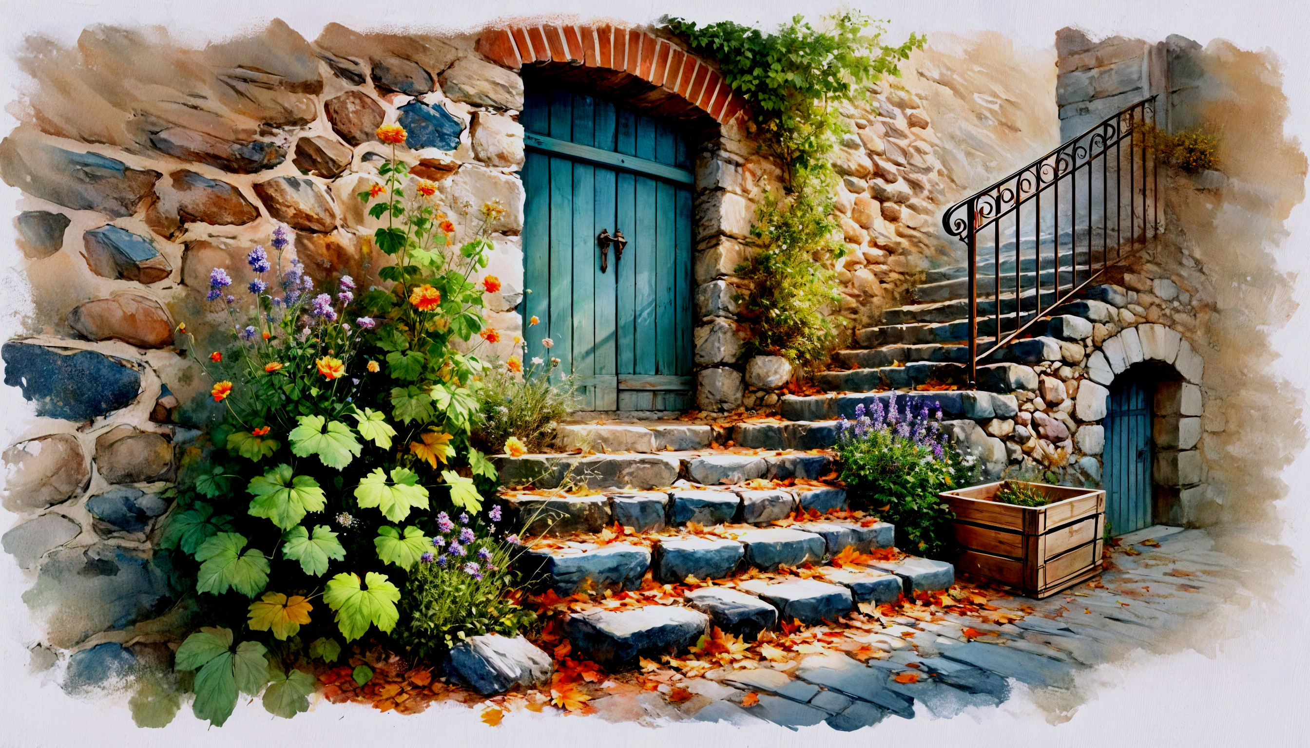 Stone Pathway to Rustic Blue Door Surrounded by Flowers