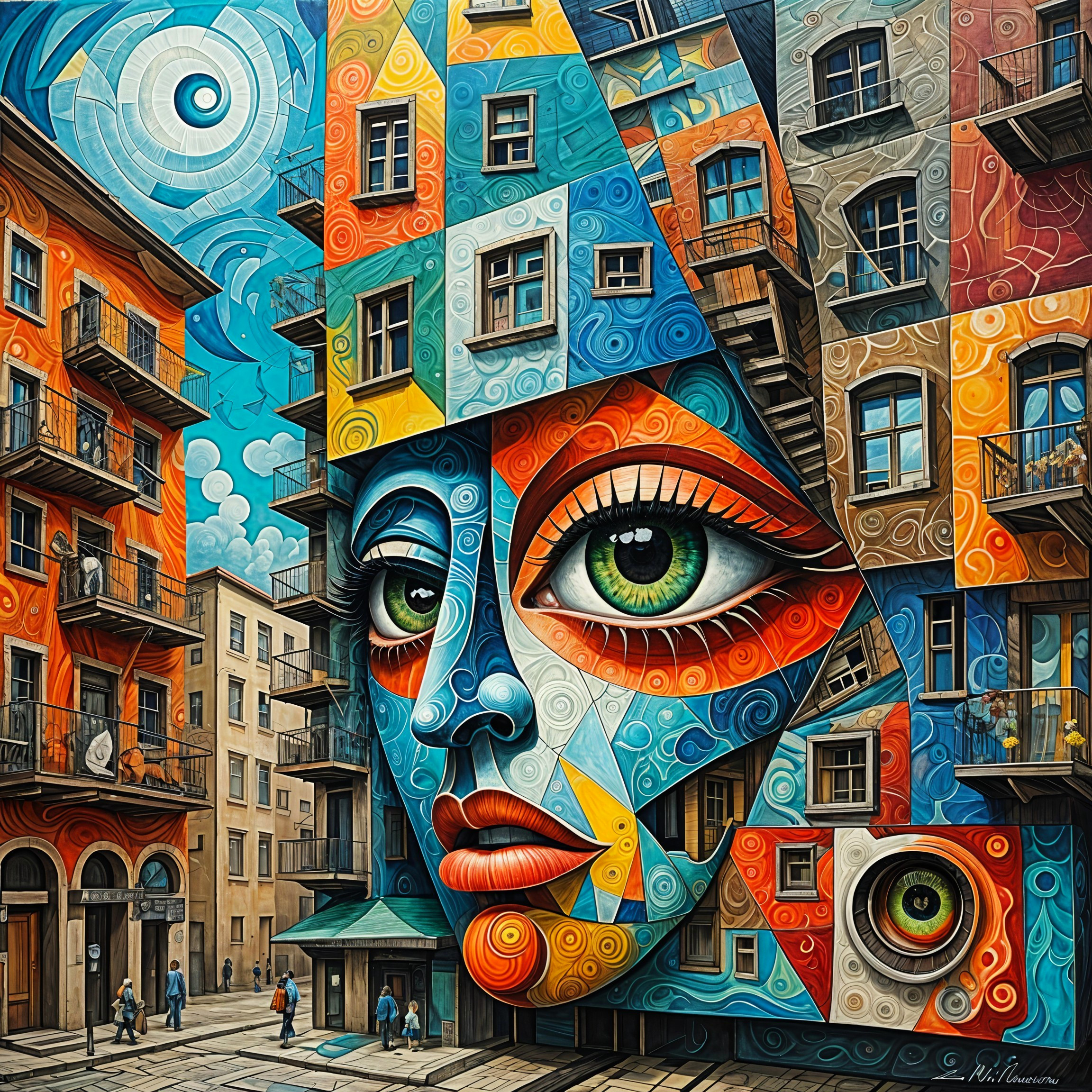 Surreal street scene with a large patterned face