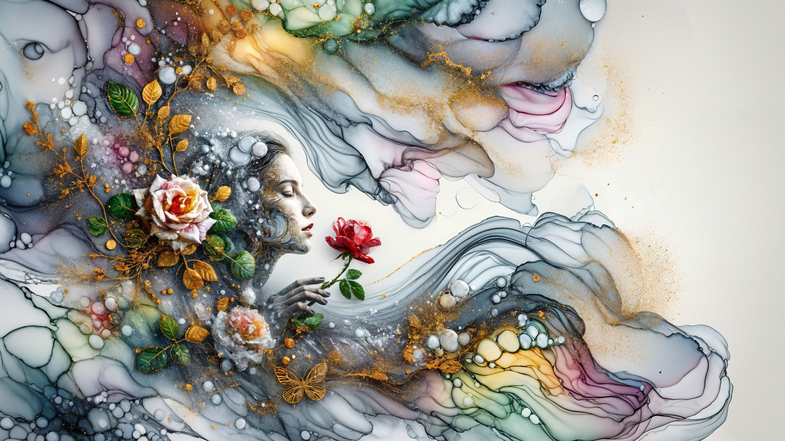 Ethereal Portrait with Abstract Shapes and Vibrant Colors