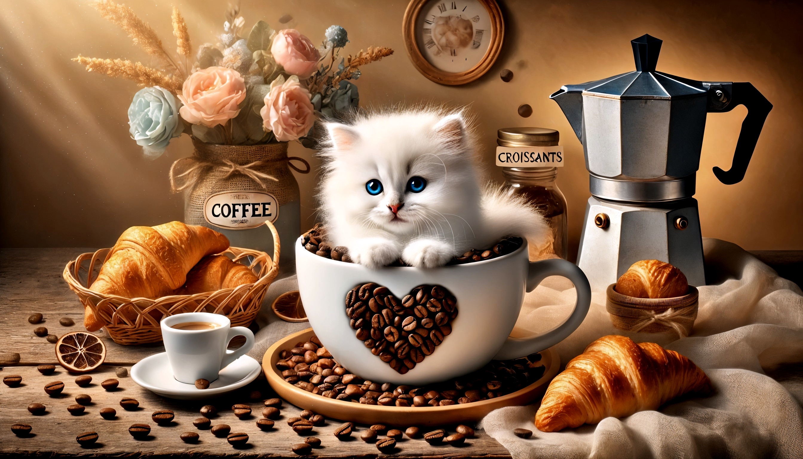 Fluffy White Kitten in Coffee Cup with Café Elements