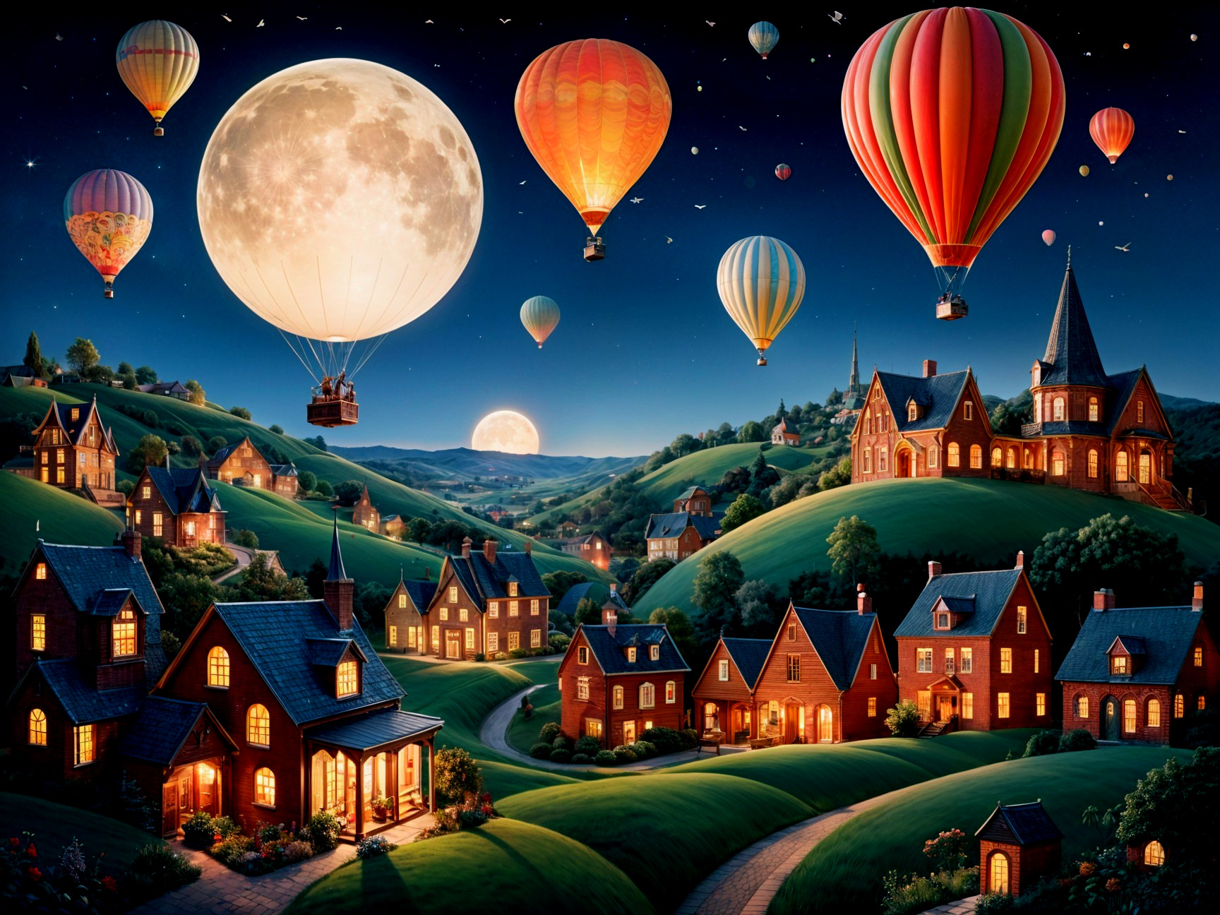Whimsical Night Scene of a Quaint Village and Balloons
