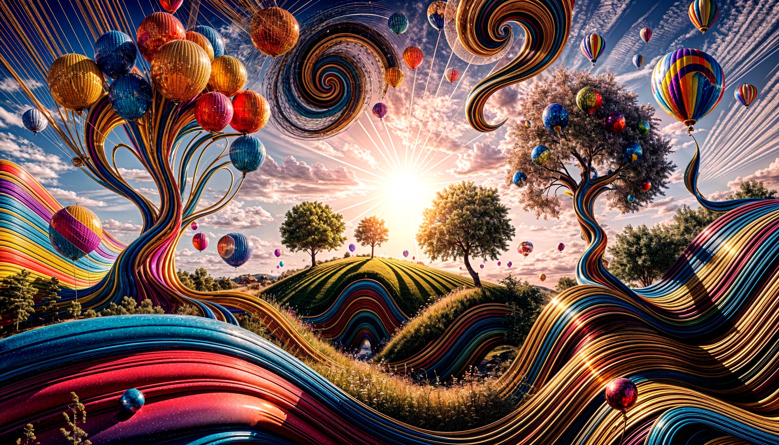Vibrant Landscape with Colorful Balloons and Hills