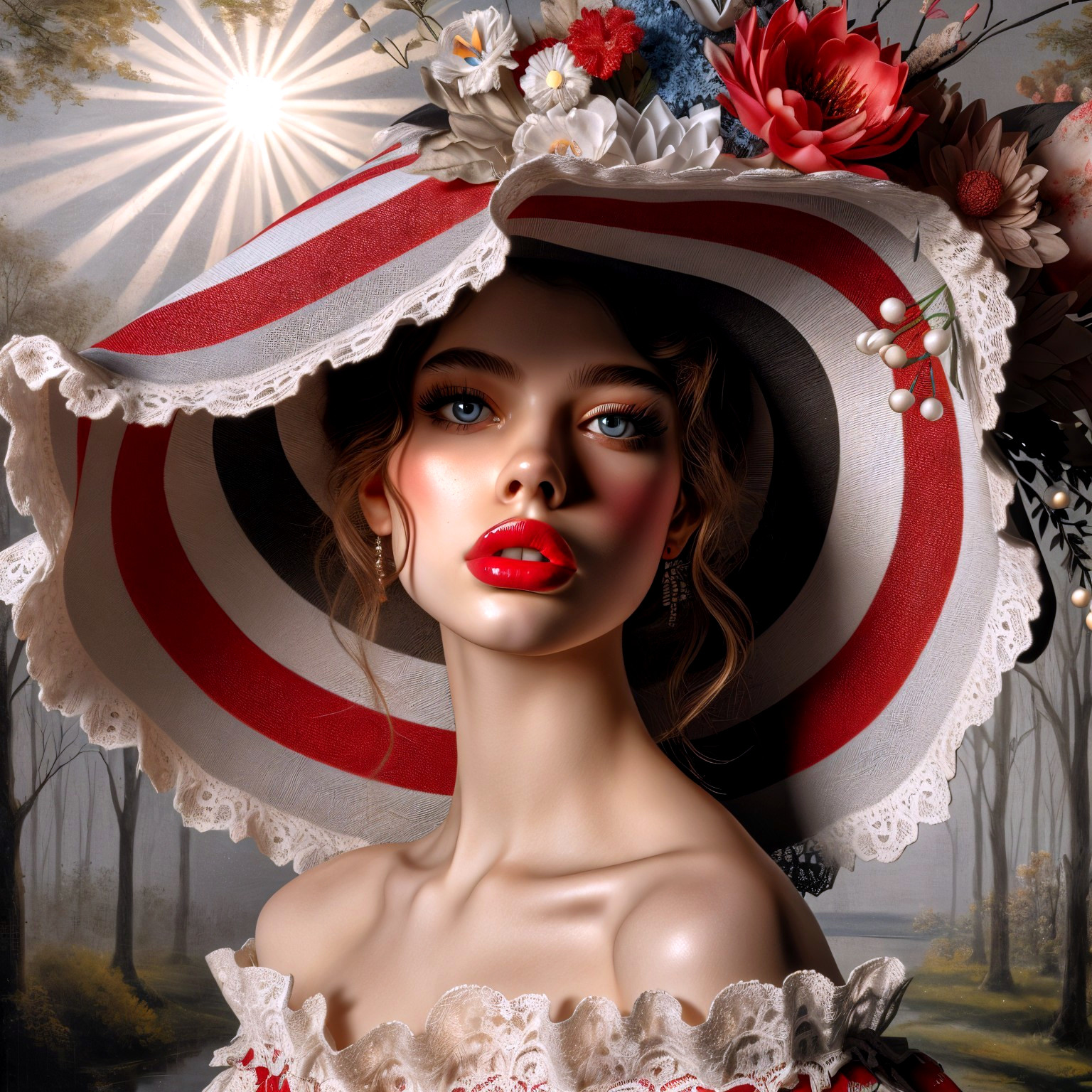 Young woman in sun hat with floral details in nature