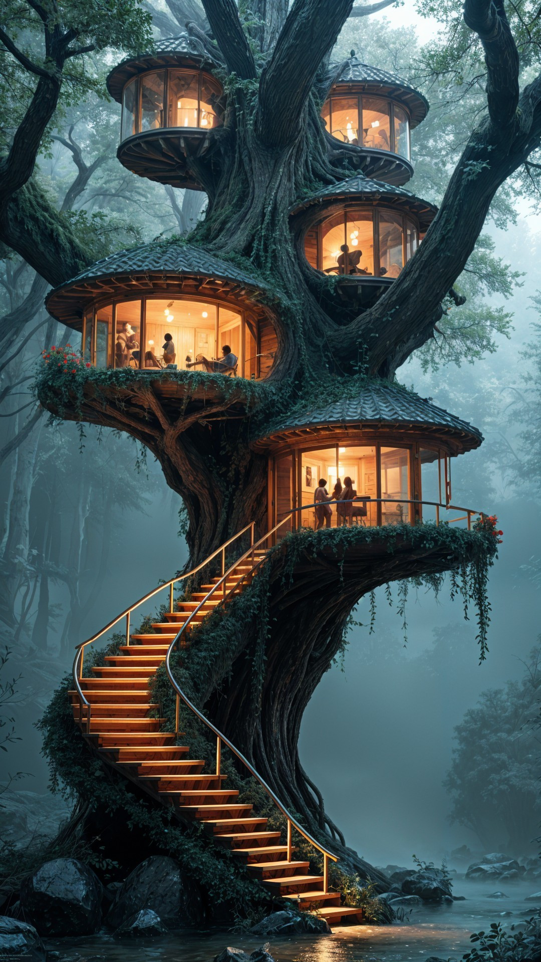 Treehouse with Glass Rooms in a Misty Forest