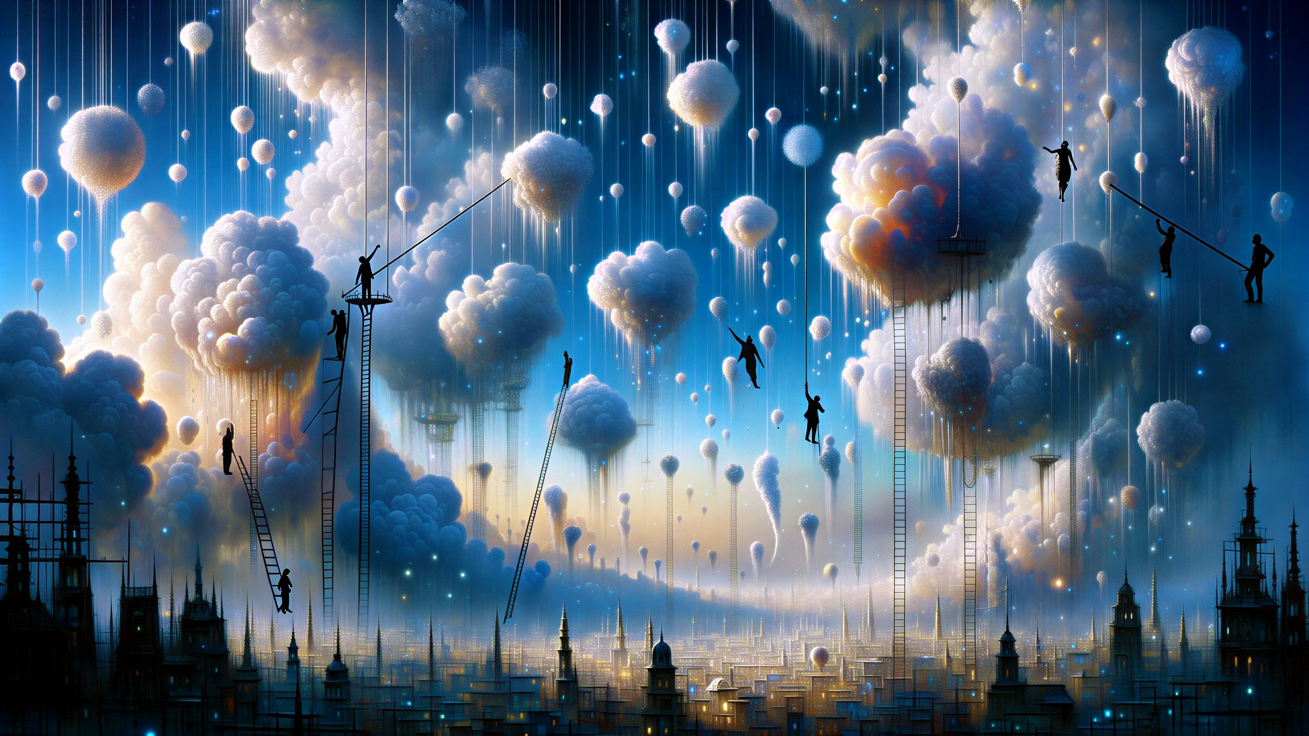 Surreal Landscape with Whimsical Clouds and Balloons