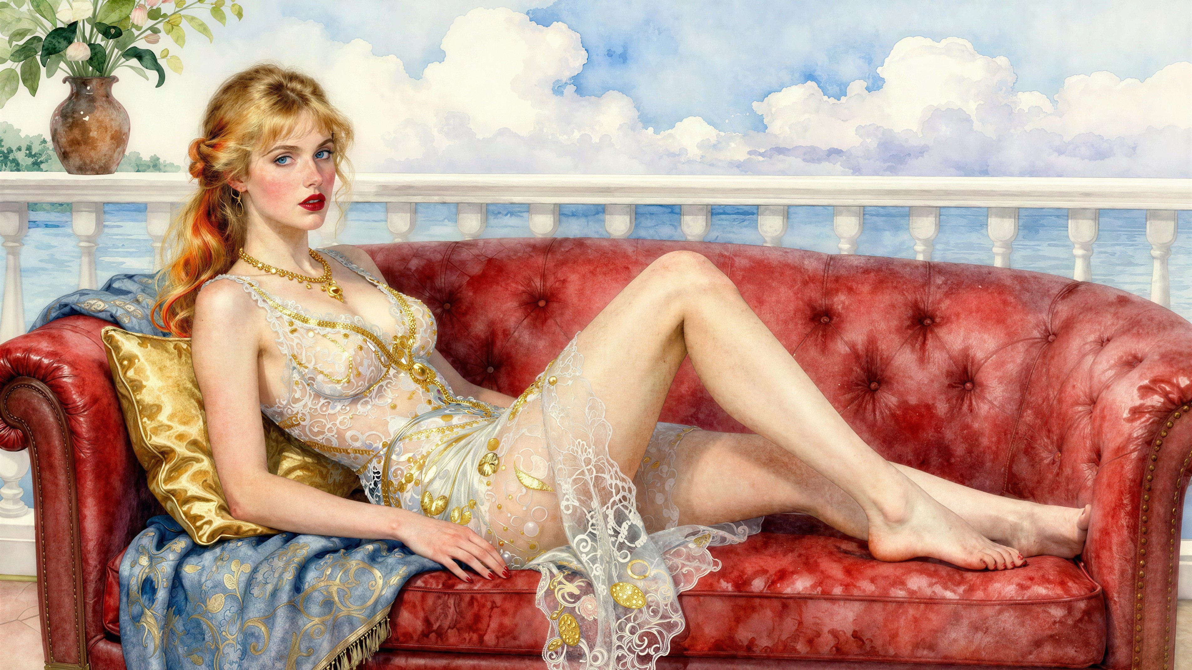 Watercolor Painting of Woman on Balcony with Water View