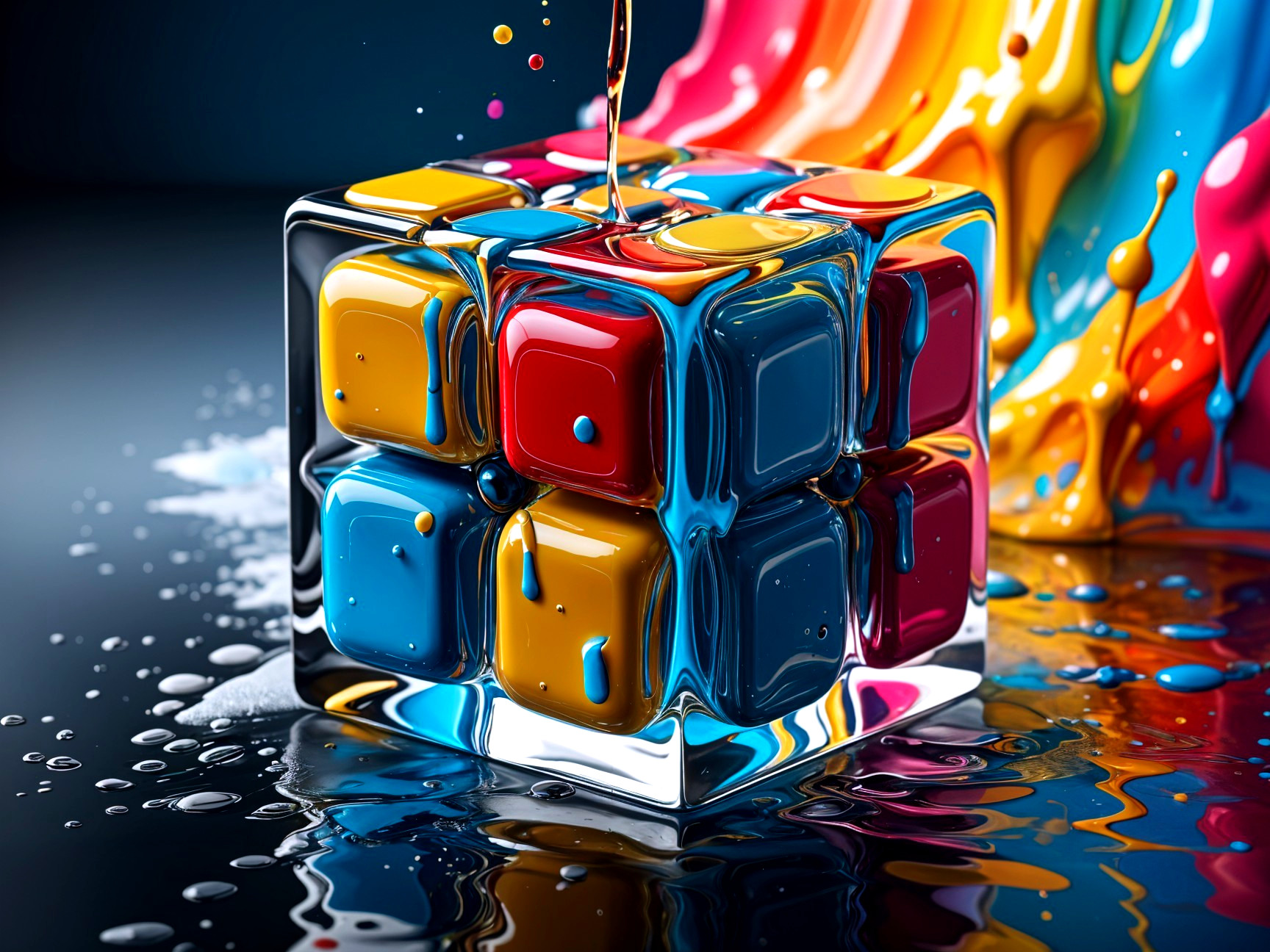 Vibrant Transparent Cube with Colorful Liquid Droplets