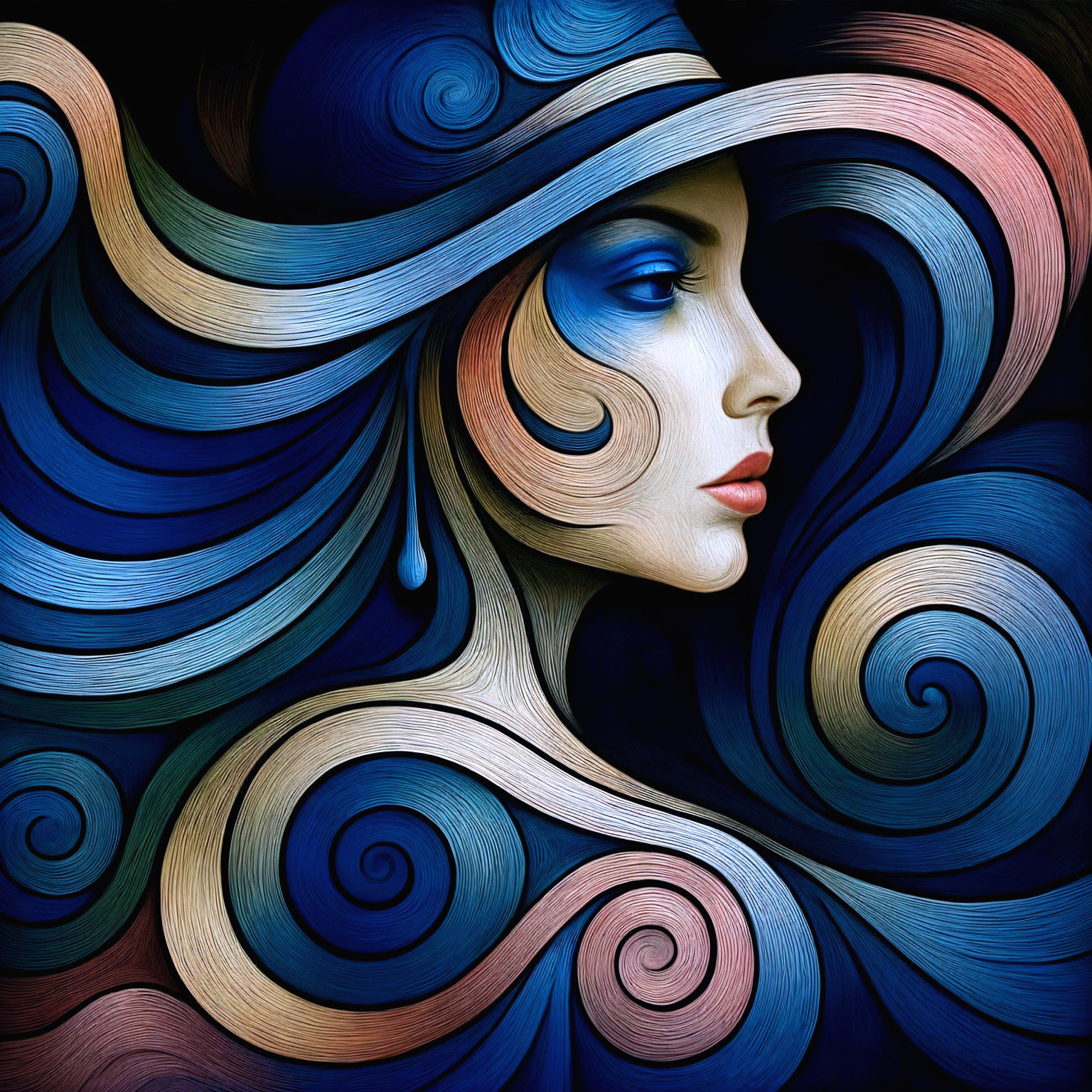 Stylized portrait of a woman with flowing lines and colors