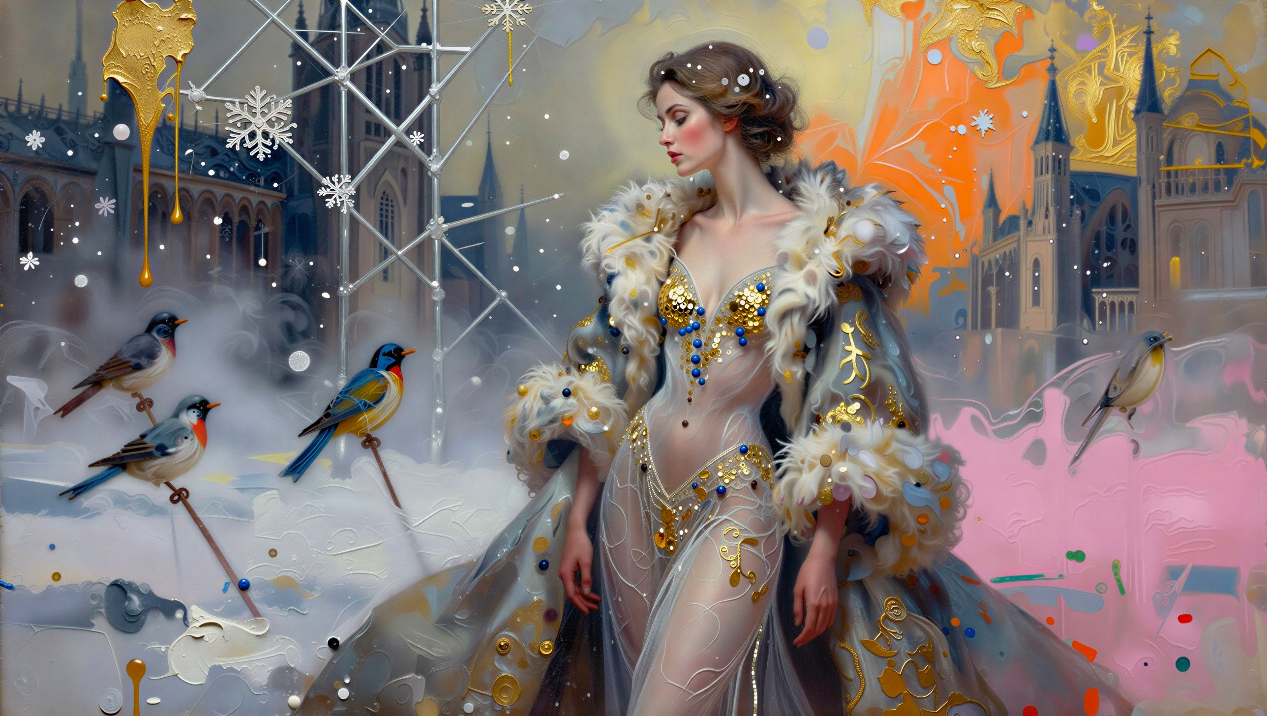 Ethereal Woman in Fairytale Painting with Gown and Beads
