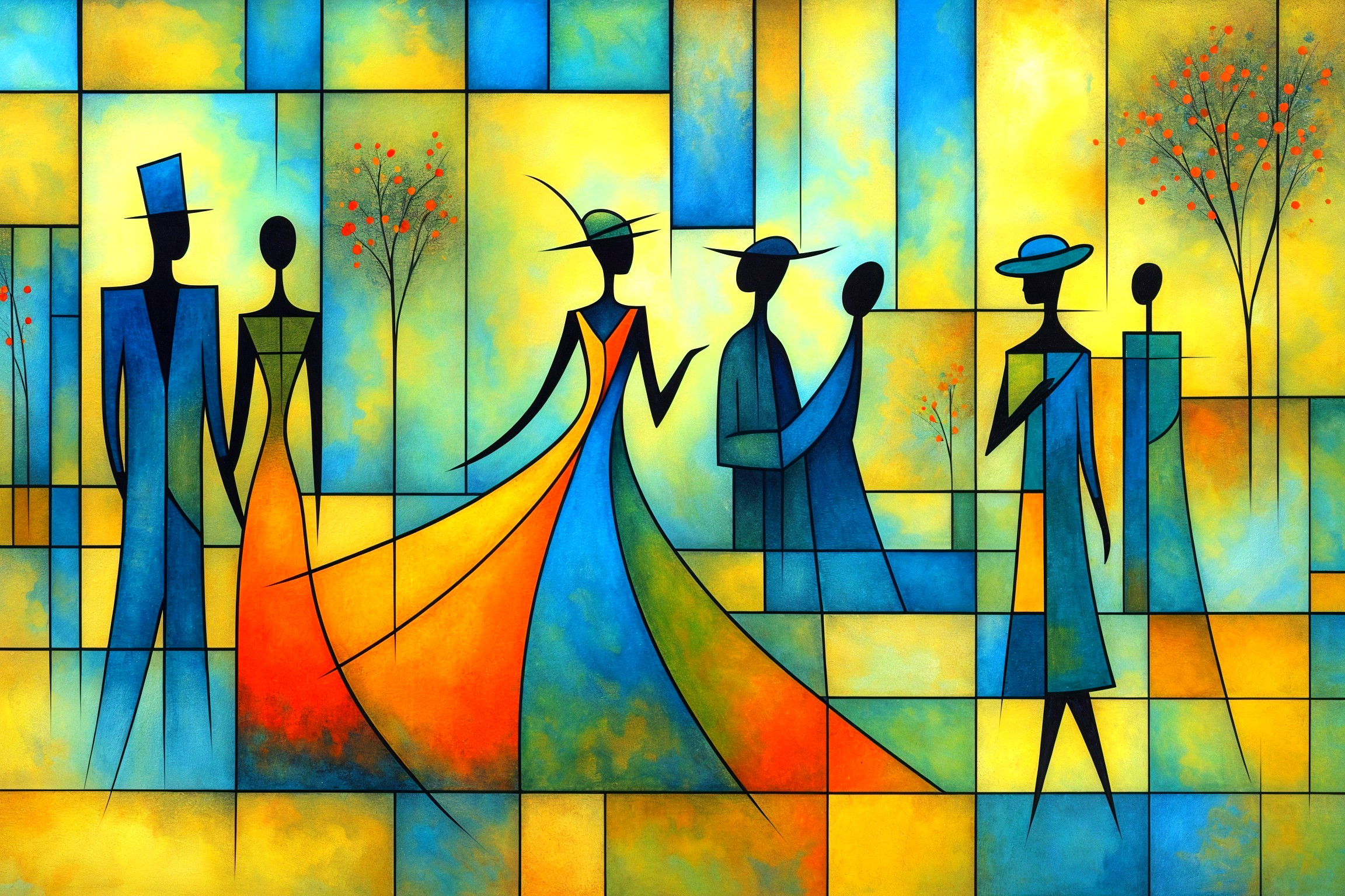 Colorful Abstract Painting with Stylized Figures