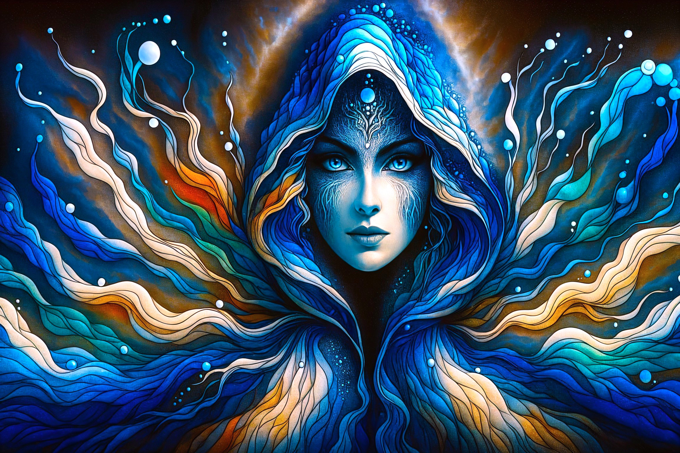 Ethereal Figure in Vibrant Blue and Orange Hues