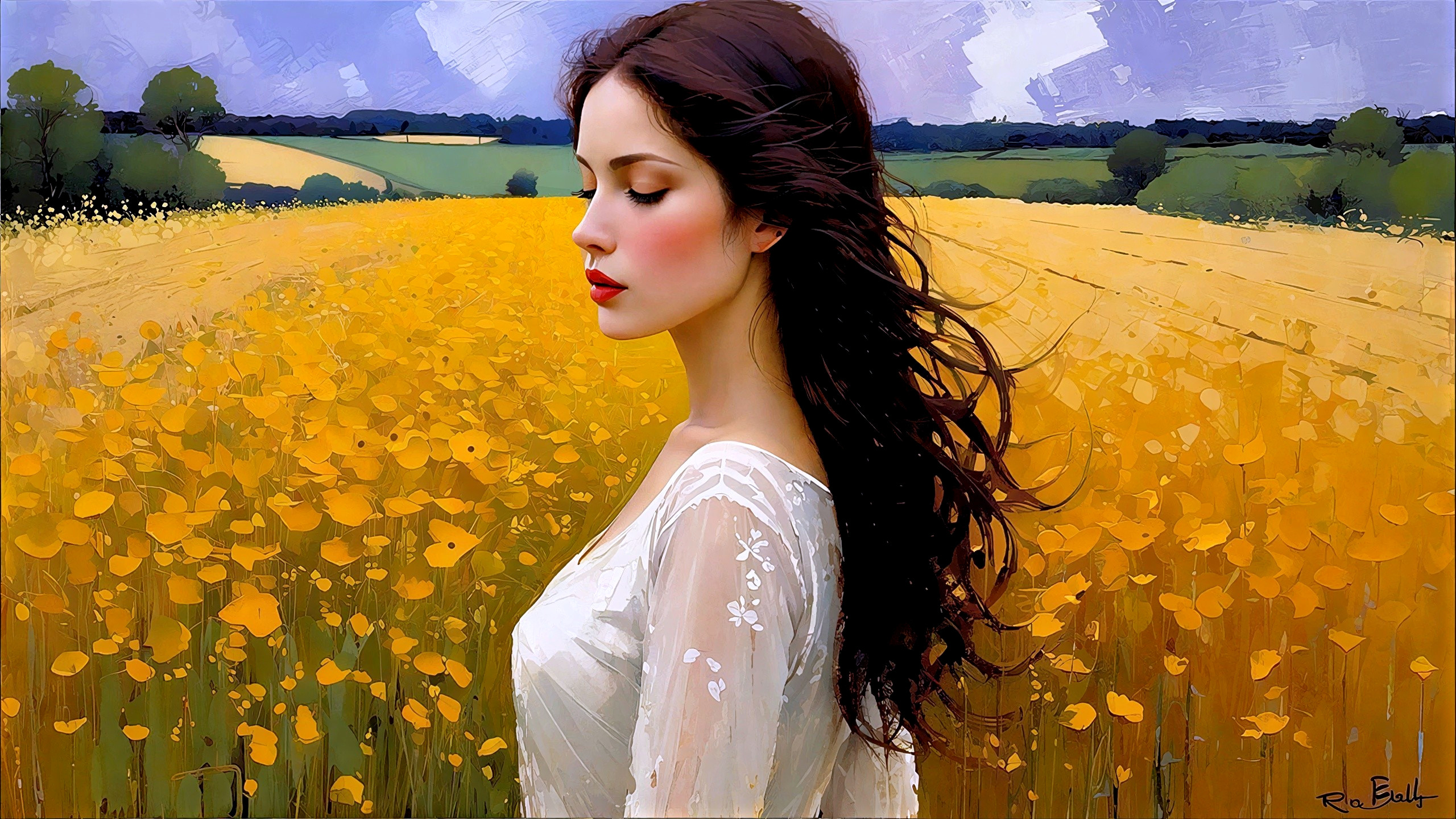 Impressionist Oil Painting of Woman in Field of Poppies