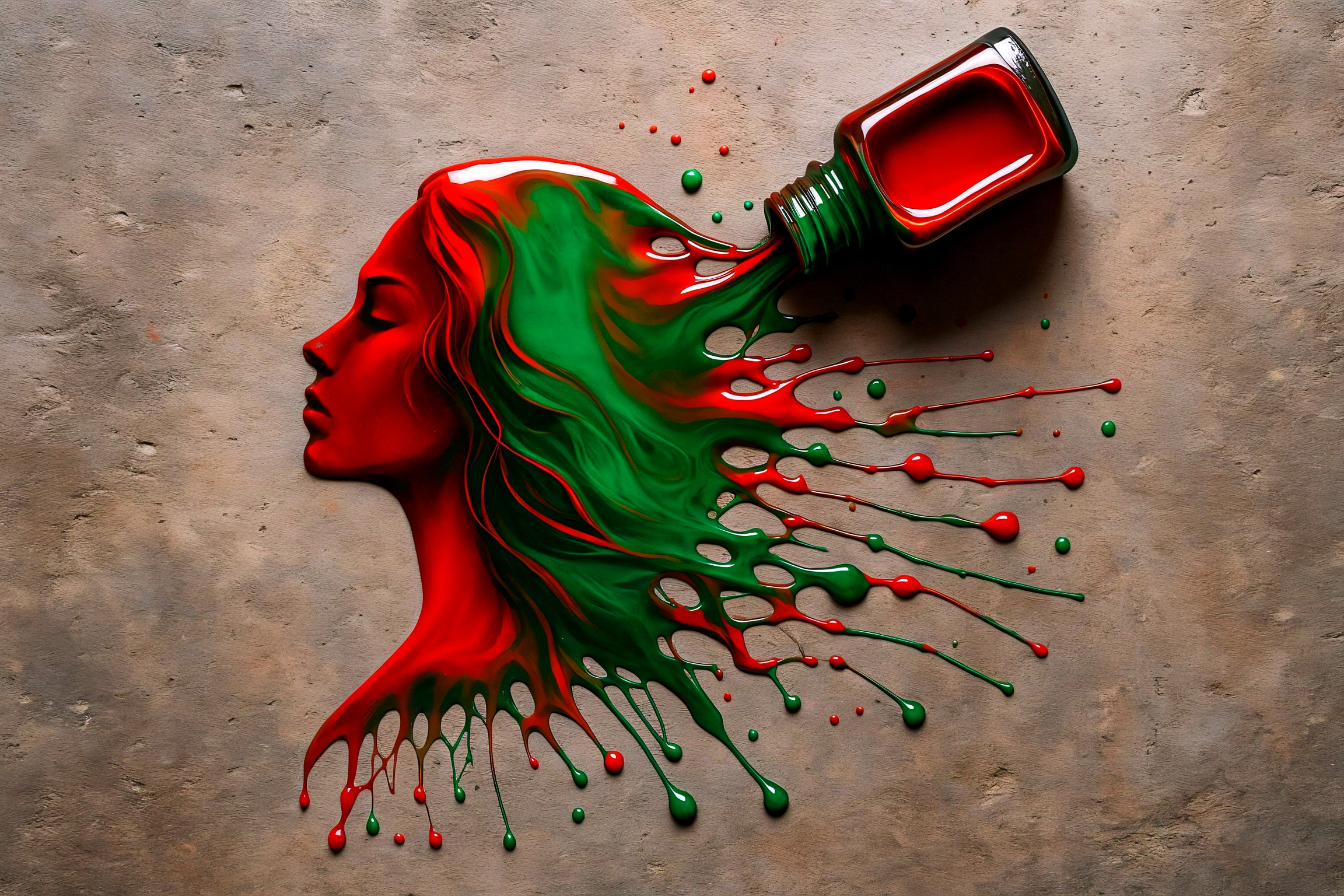 Woman's Profile with Flowing Hair and Vibrant Paint