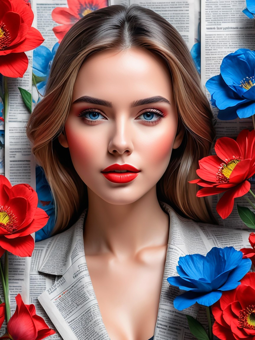 Portrait of a woman with flowers and newspaper backdrop