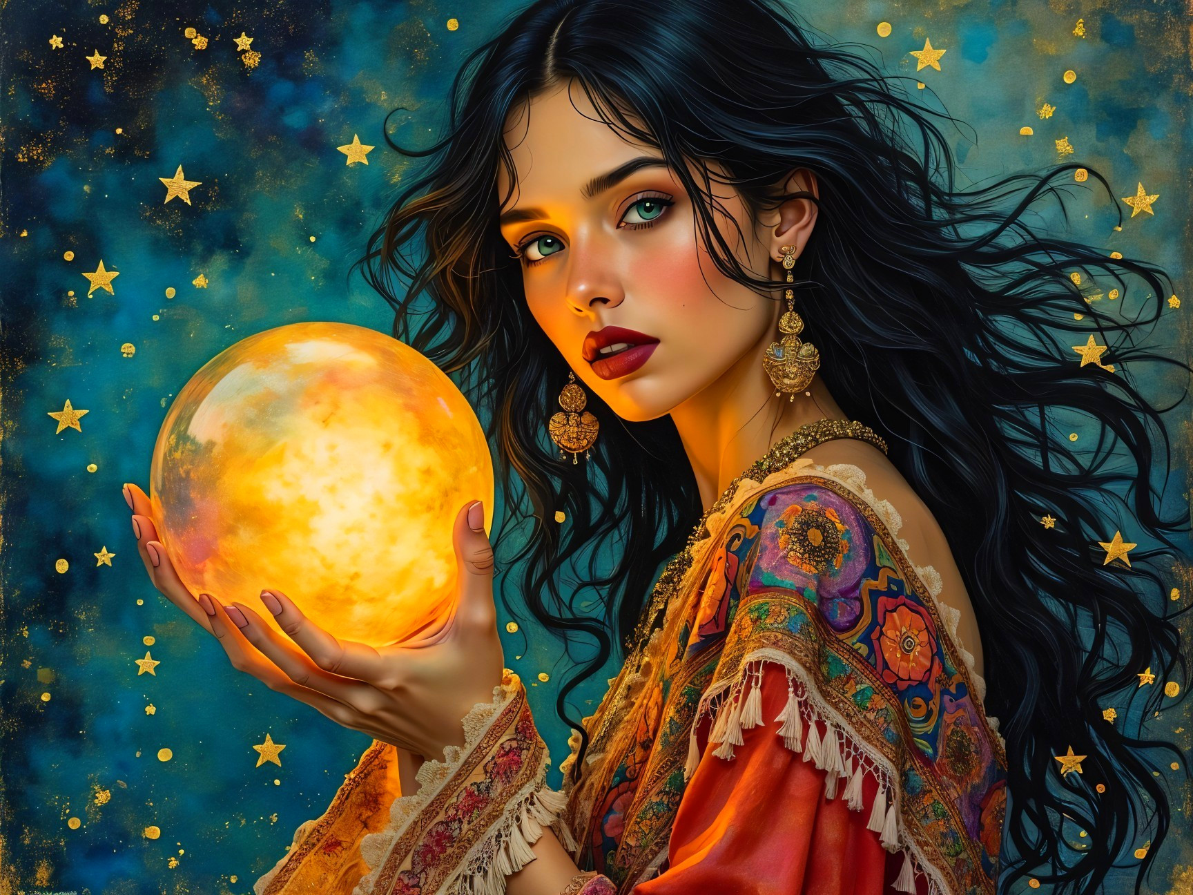 Mystical Woman with Golden Orb in Enchanting Setting