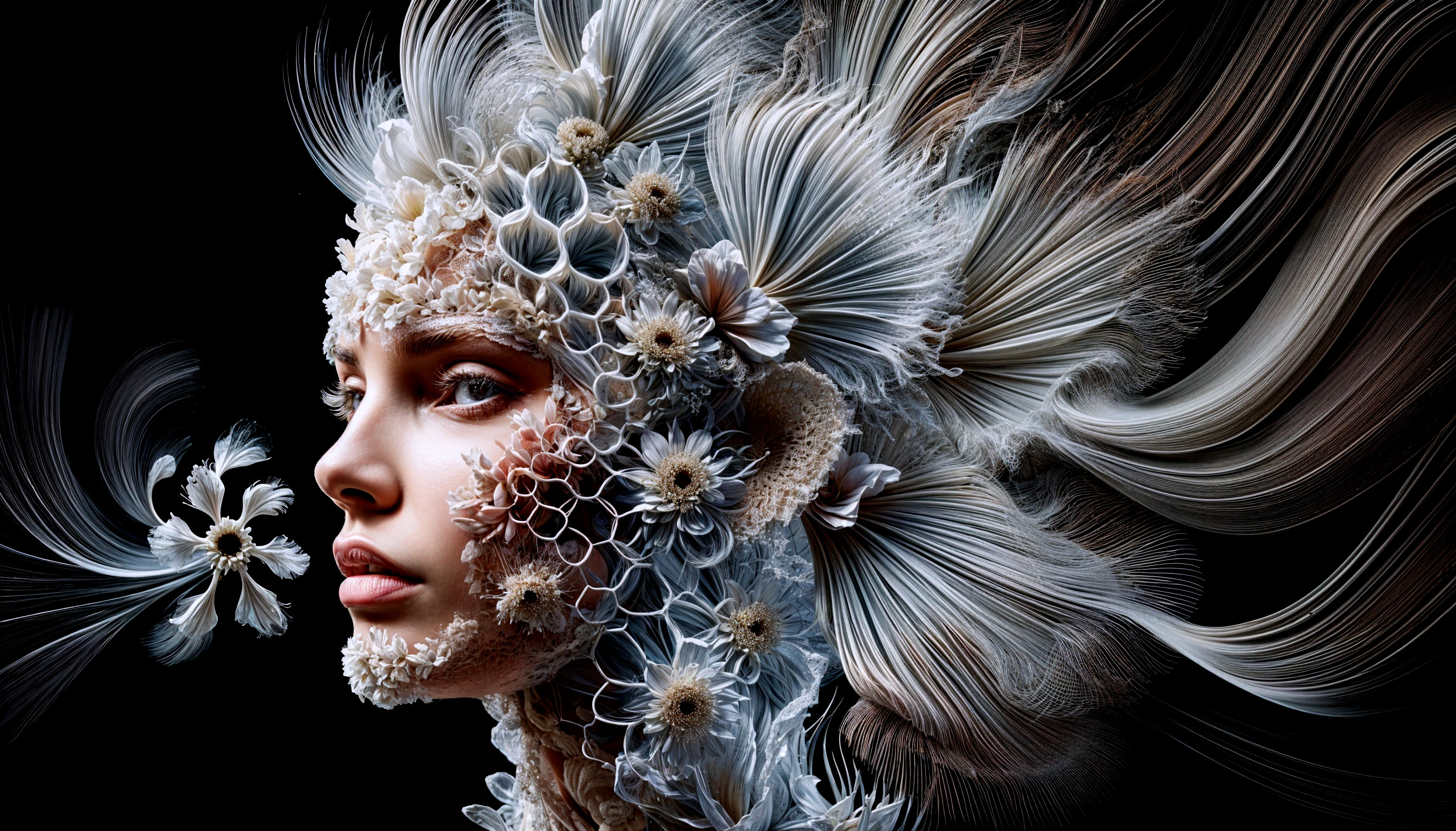 Surreal Woman's Face with Floral and Textural Elements