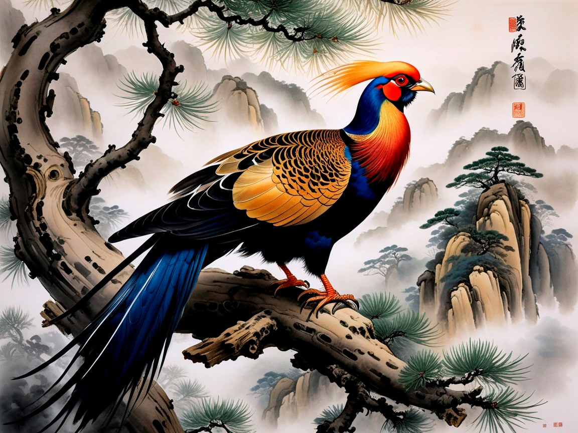 Vividly Colored Bird in Serene Asian Landscape