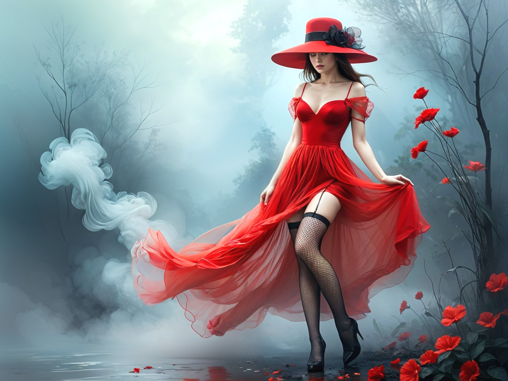 Woman in Red Dress Surrounded by Poppies and Fog
