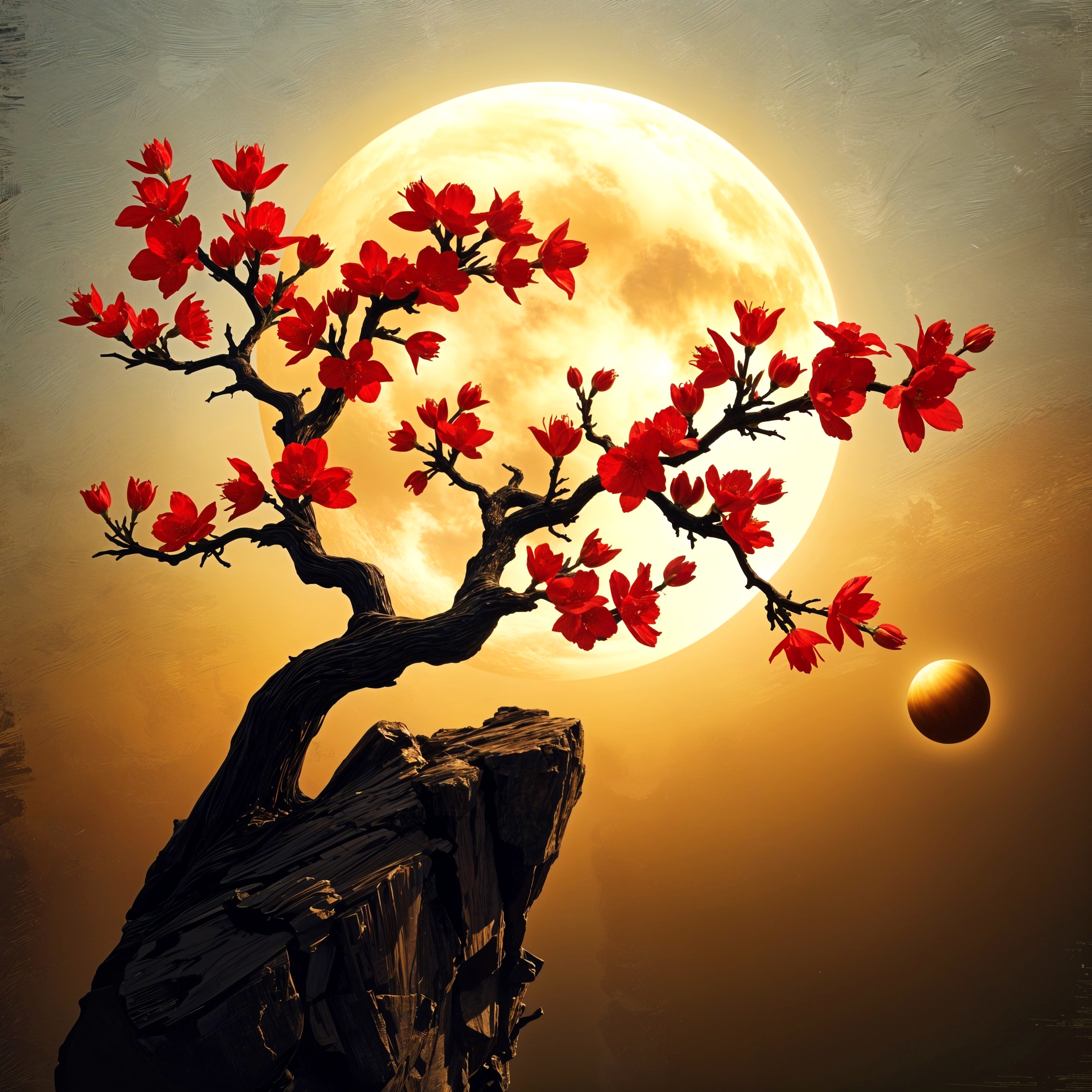 Gnarled Tree with Red Blossoms and Glowing Moon Scene