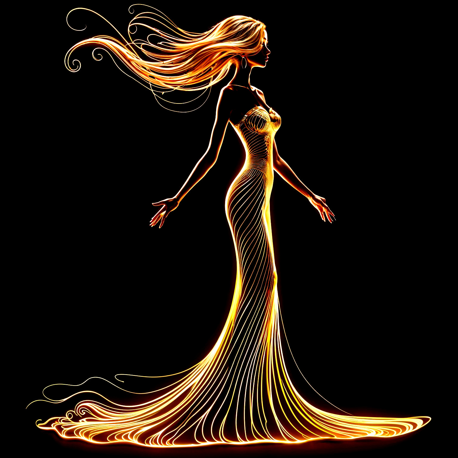 Silhouette of a Woman in Flowing Gown with Glow