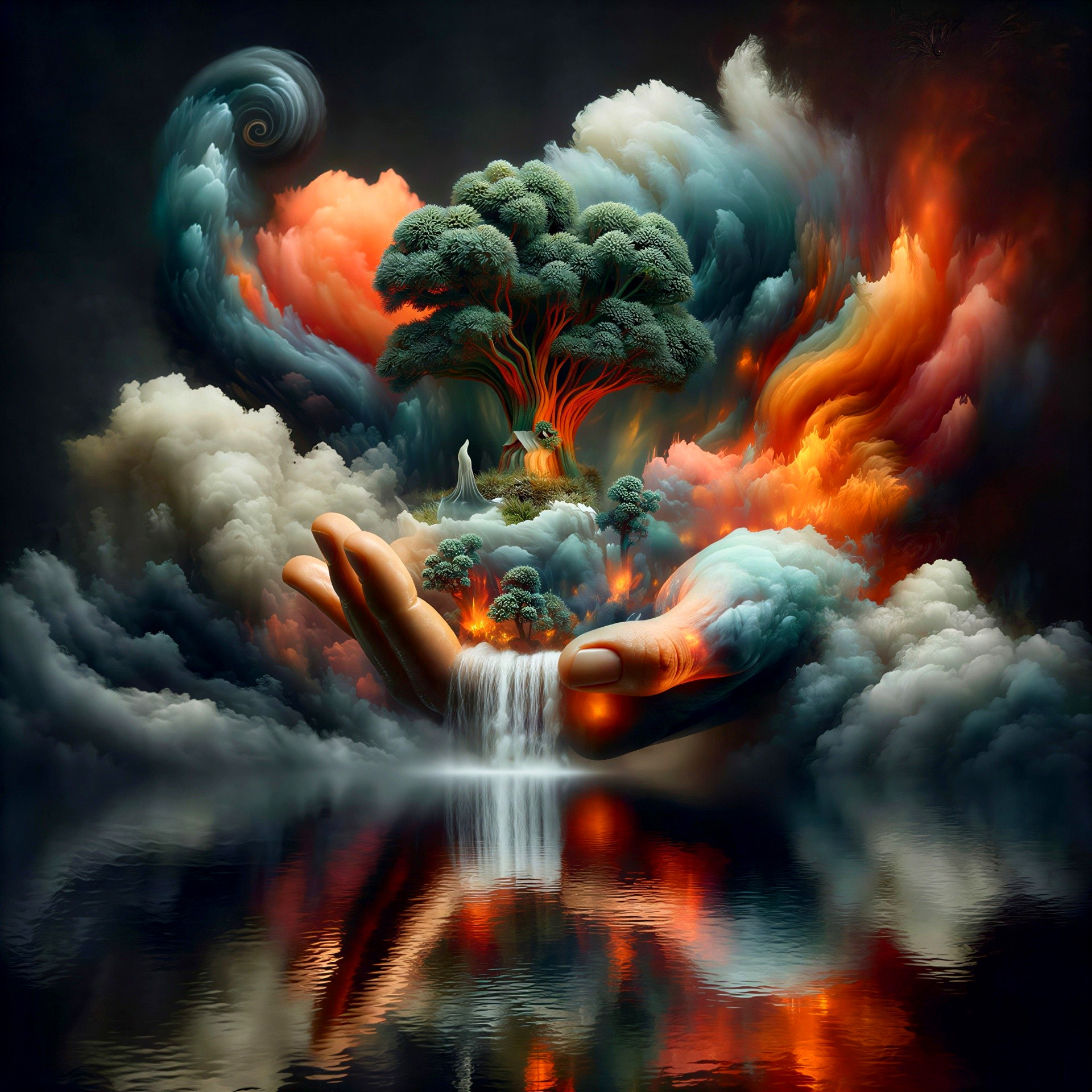 Close-up of hands holding a mossy island scene