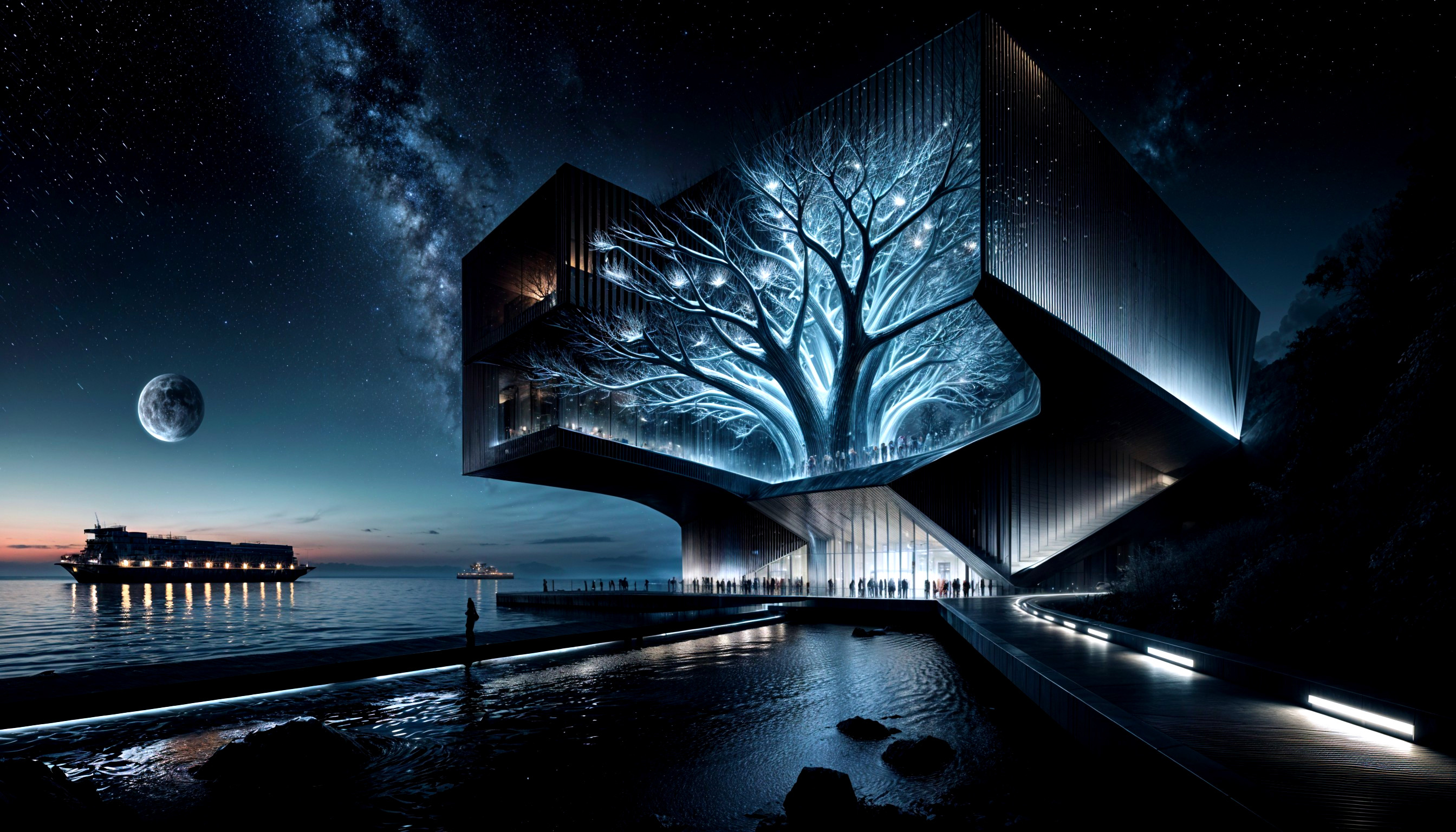 Futuristic building with illuminated tree design at night