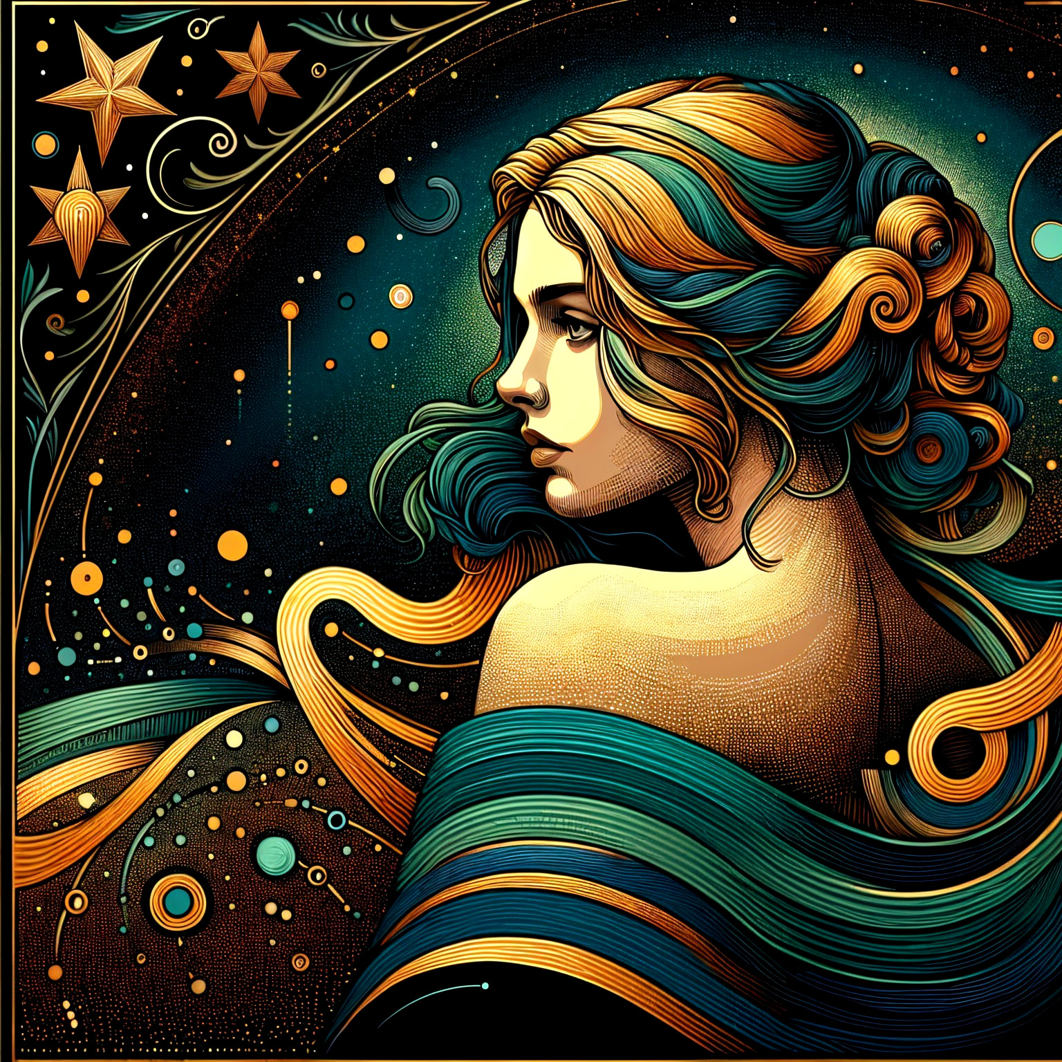 Illustration of a woman in blue and gold with cosmic elements