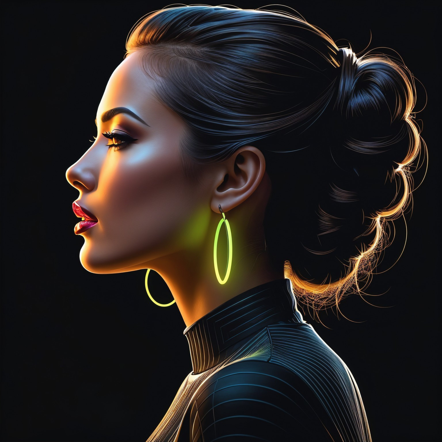 Profile of a Woman with Sleek Bun and Neon Earrings