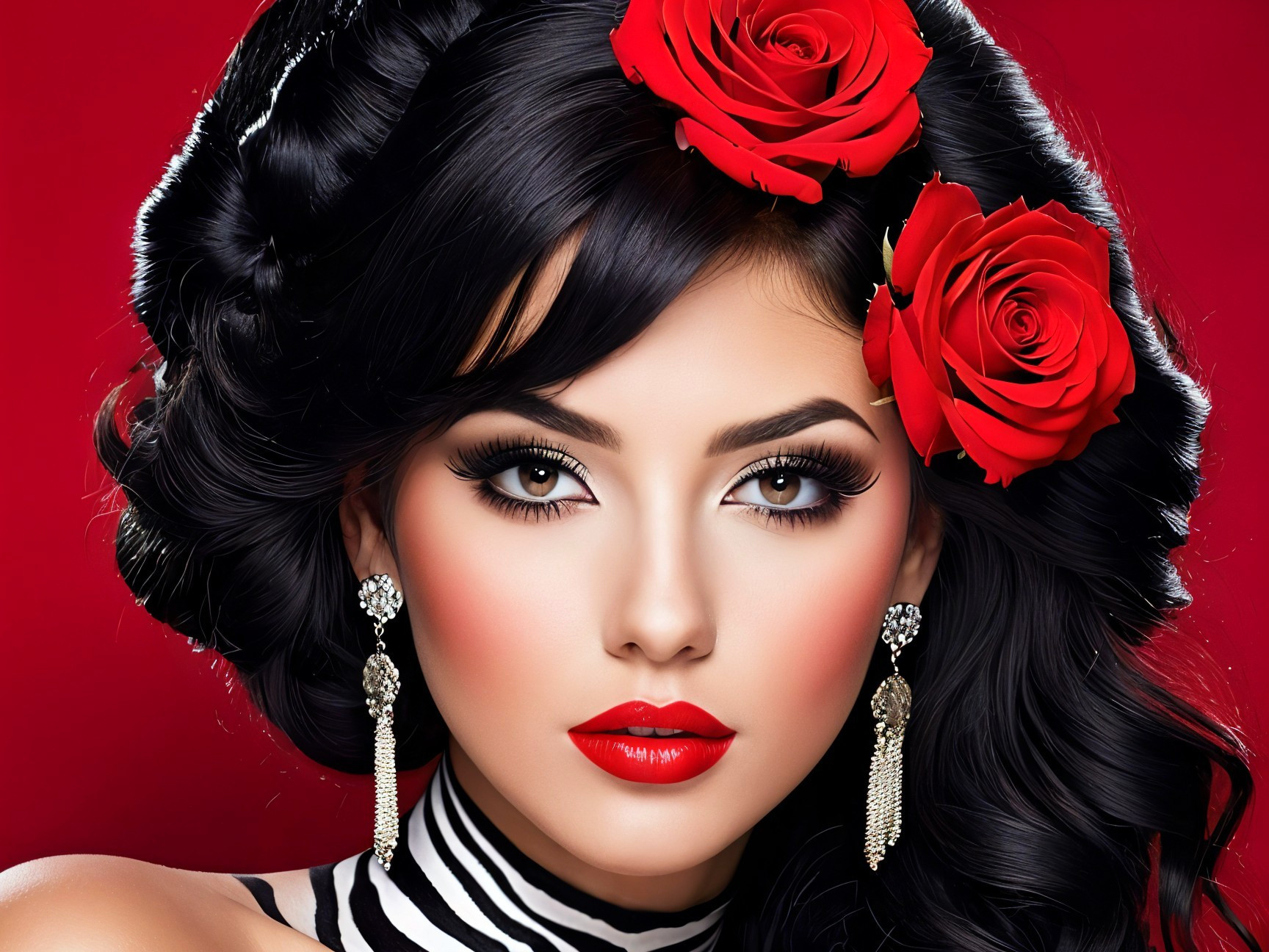 Portrait of a Woman with Black Hair and Red Roses
