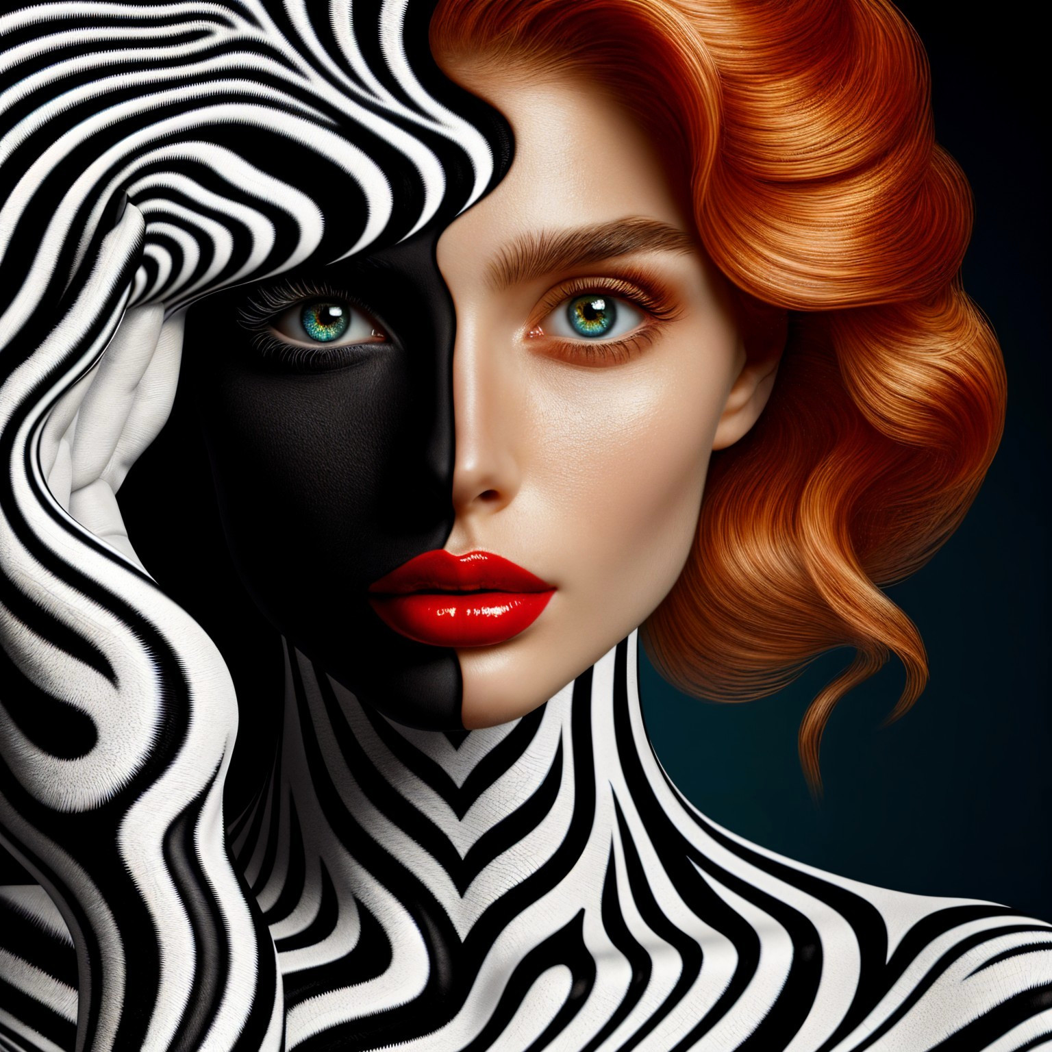 Portrait of a Woman with Striped Face and Red Hair