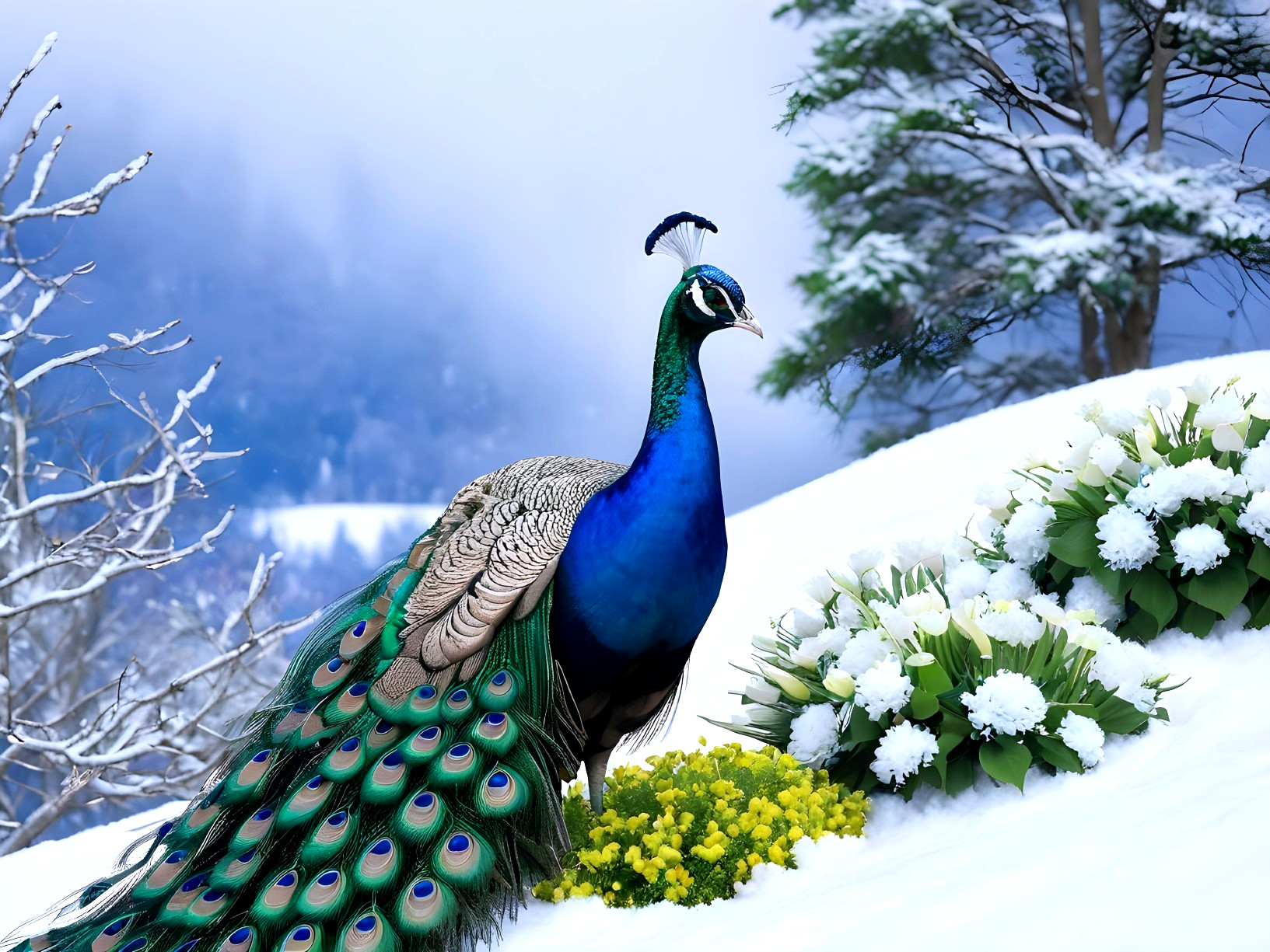Peacock Displaying Feathers in Snowy Landscape