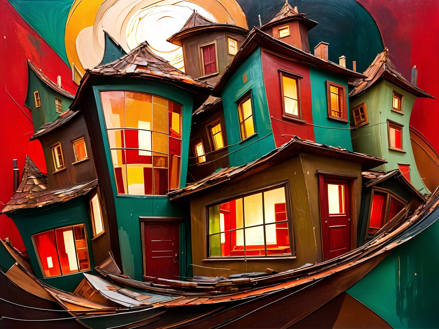 Surreal Architectural Scene with Colorful Twisted Houses