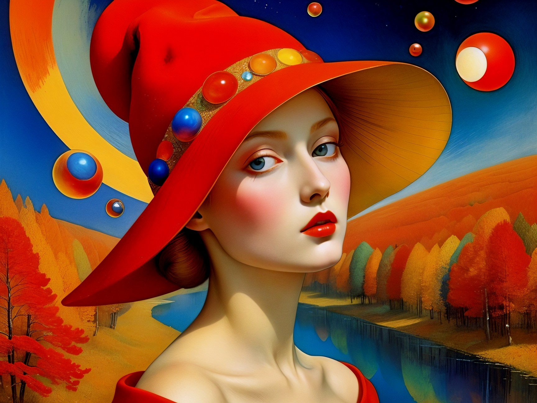 Portrait of a Woman in Red Hat with Surreal Landscape