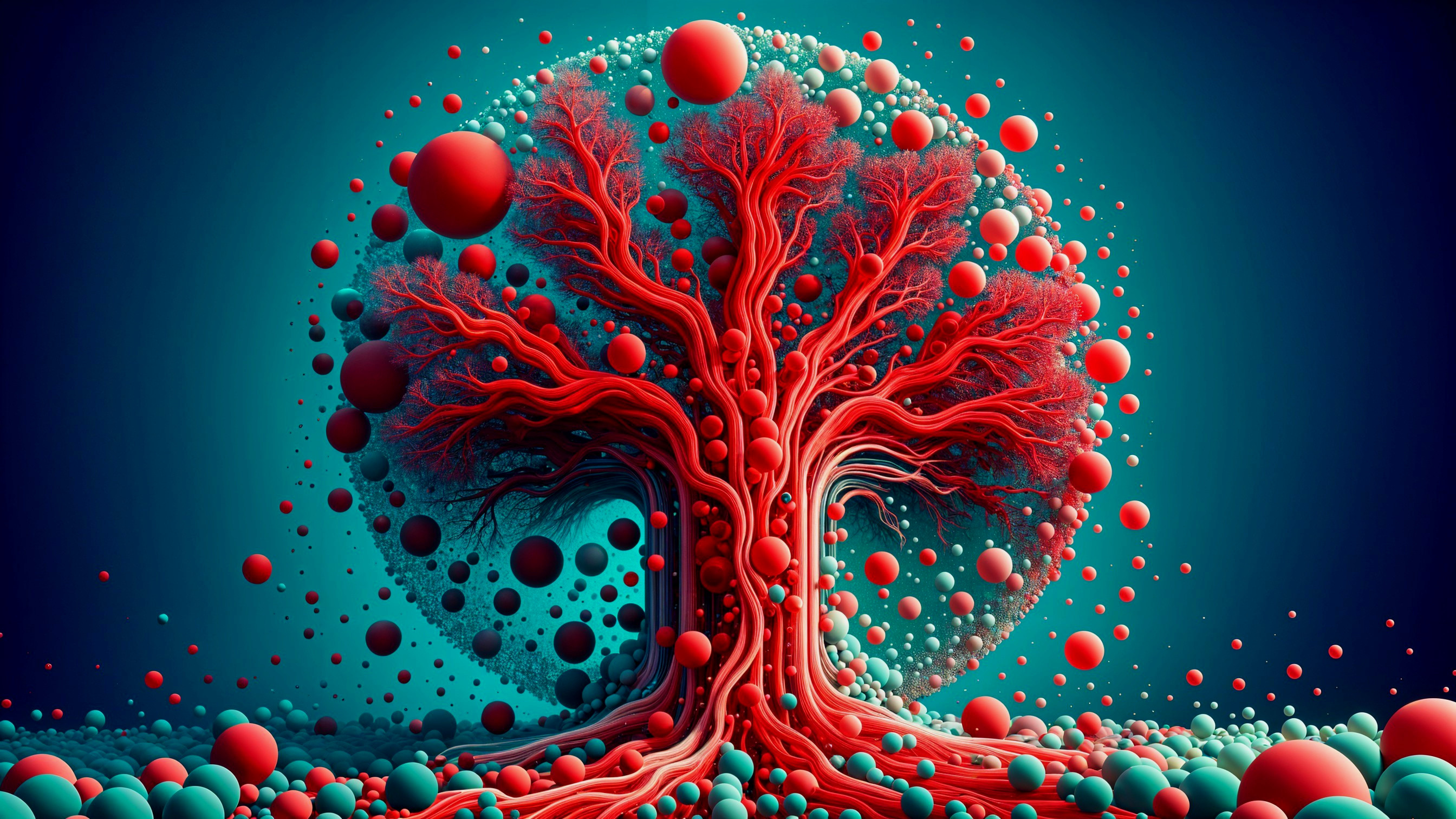 Surreal Tree with Red Branches and Colorful Spheres
