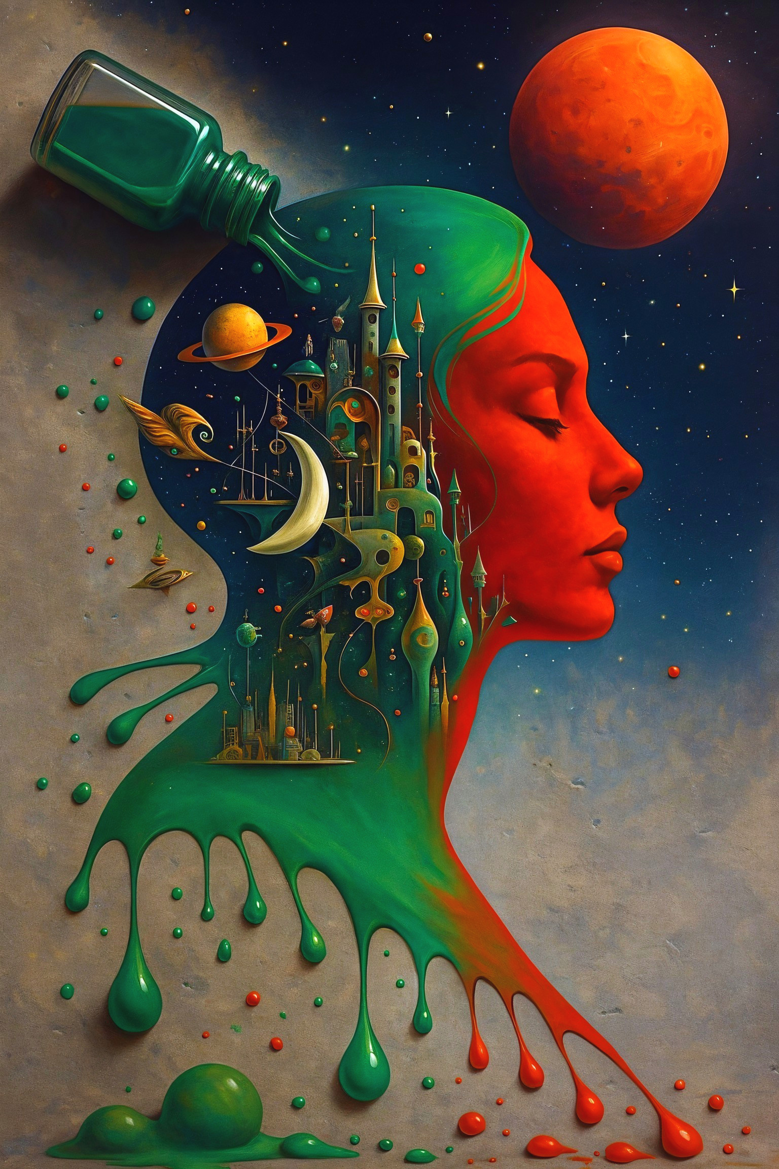 Surreal Artwork of Woman with Red Skin and Cityscape