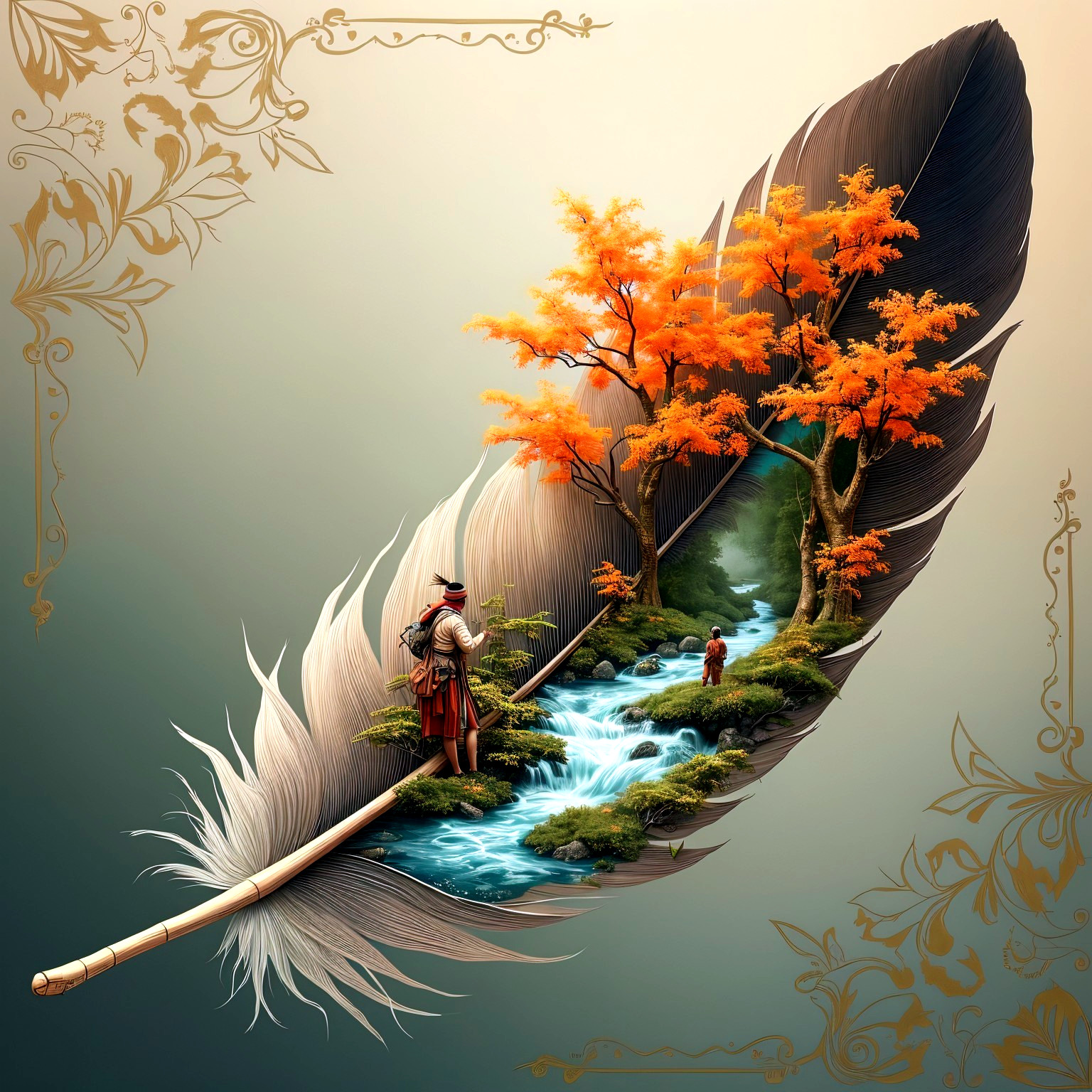 Giant Feather Landscape with Orange Trees and Stream