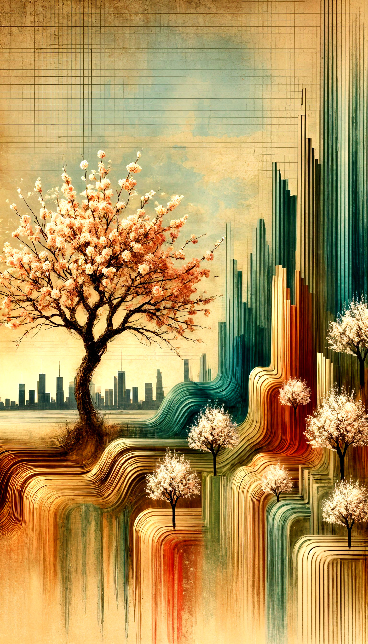 Abstract Landscape with Tree and City Skyline Silhouettes
