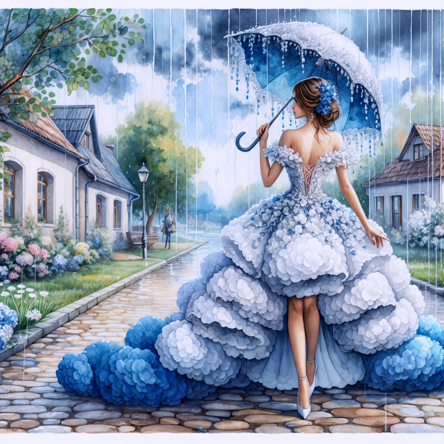 Woman in Blue Gown with Umbrella in Rainy Scene