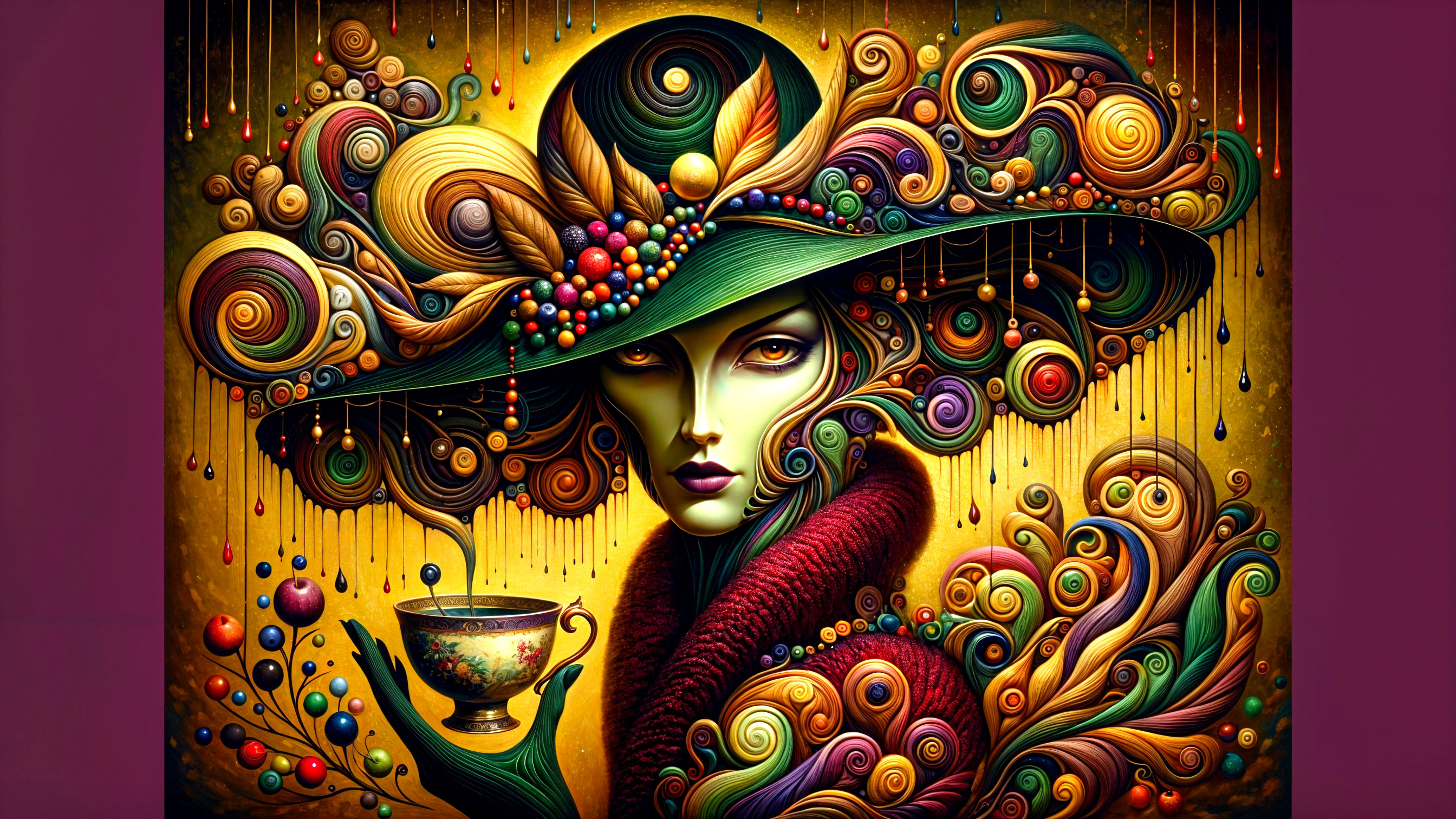 Surreal Portrait of Woman with Elaborate Hat and Teacup