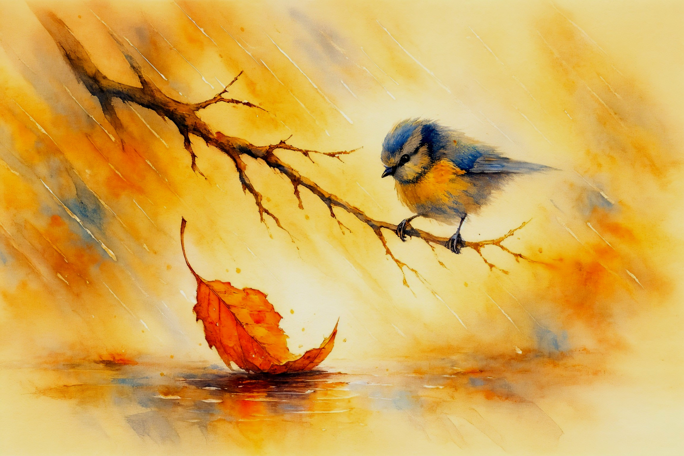 Watercolor of Blue Bird and Autumn Leaf in Puddle