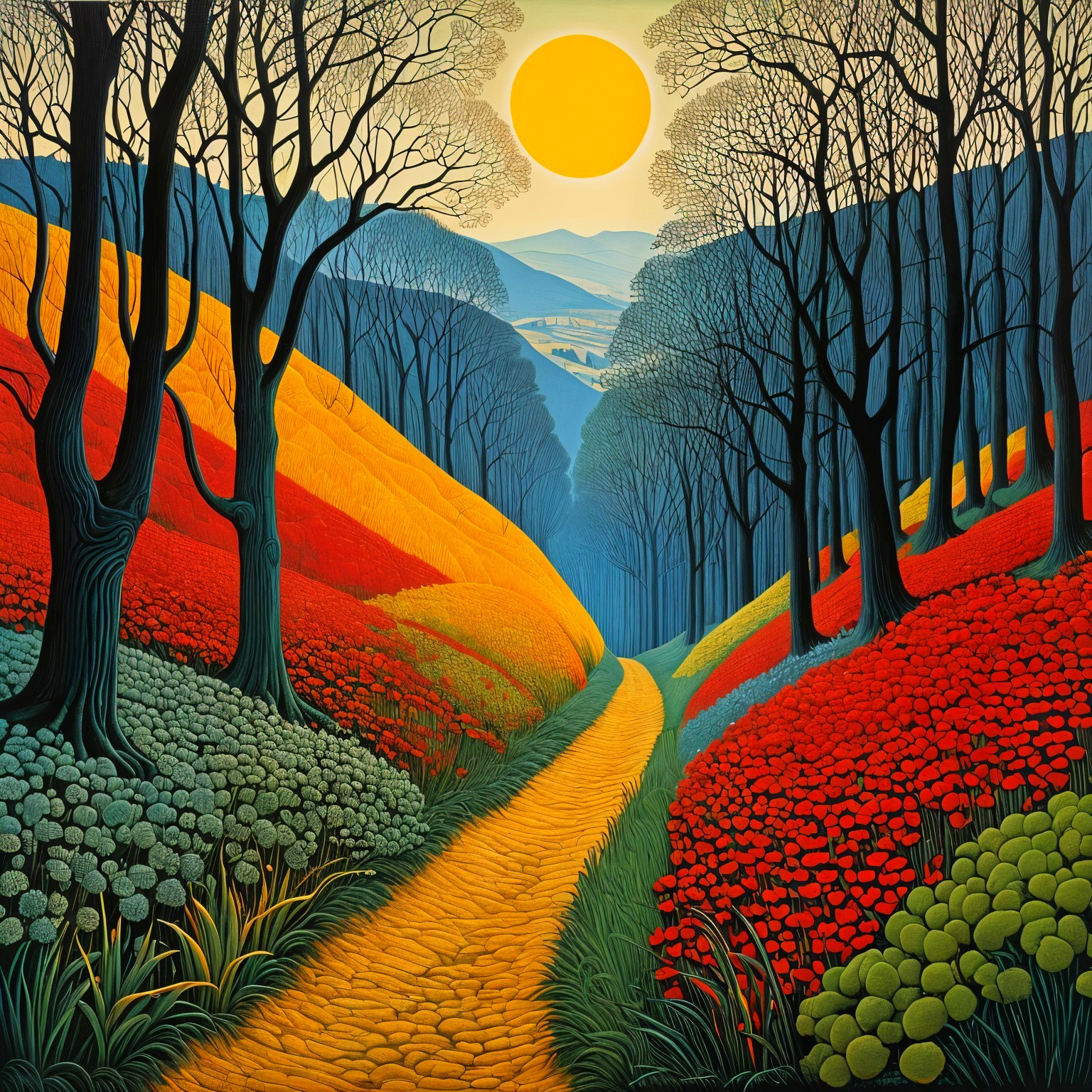 Vibrant Landscape with Winding Path and Colorful Forest