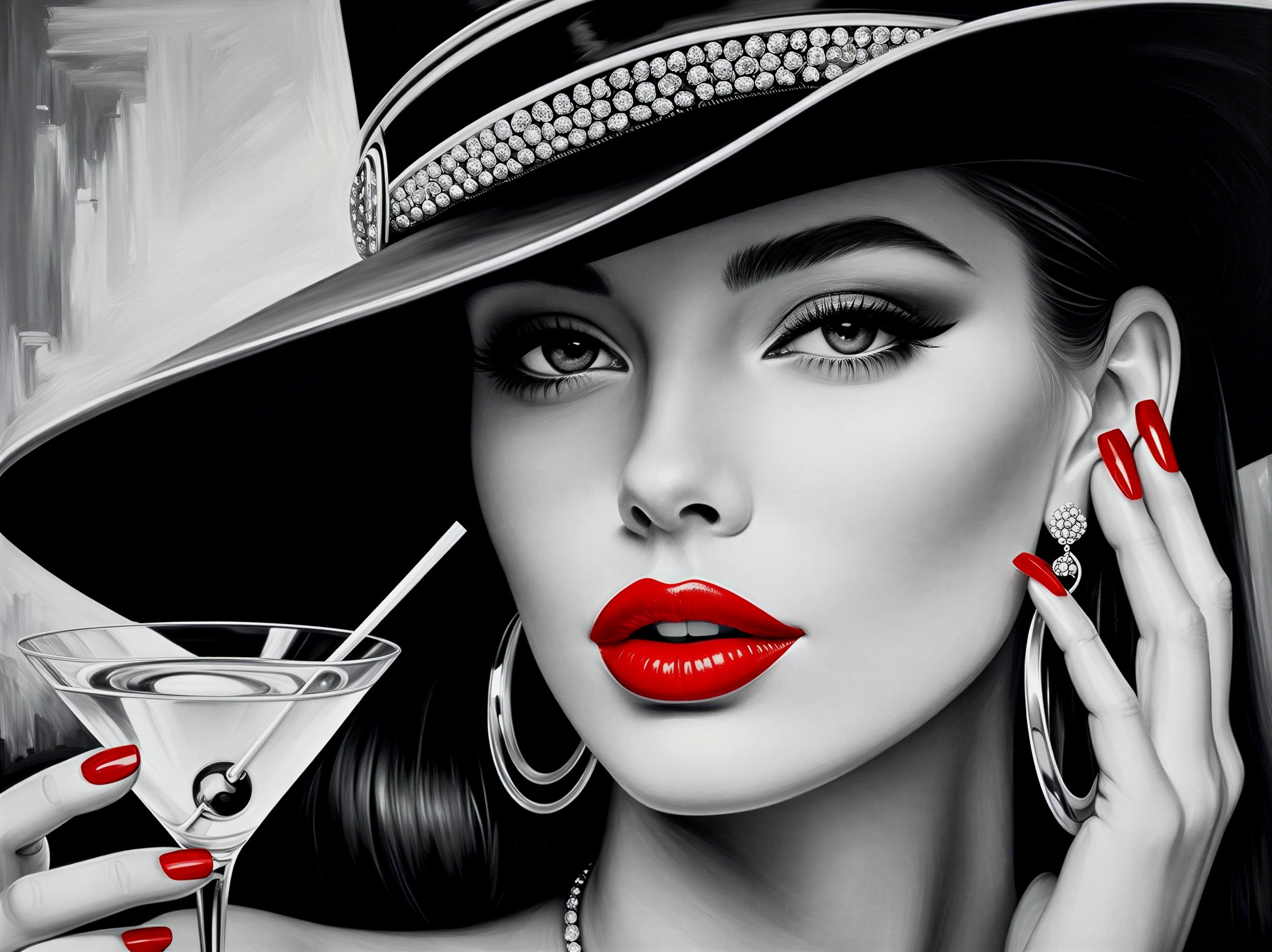 Grayscale Close-Up of Woman in Black Hat and Makeup