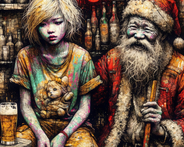 Punk Rock Santa Claus and Girl in Grunge Art Style