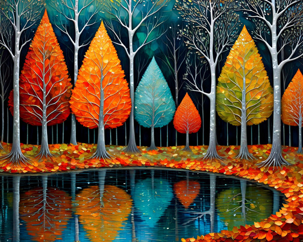 Vibrant Autumn Scene with Colorful Trees and Pond