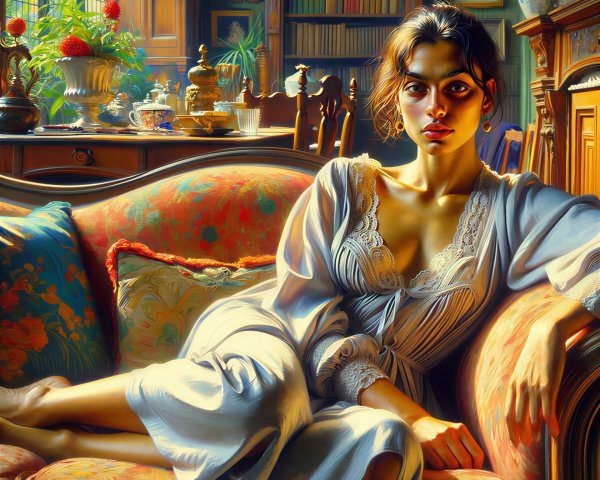 Woman in silk nightgown on floral sofa in opulent room